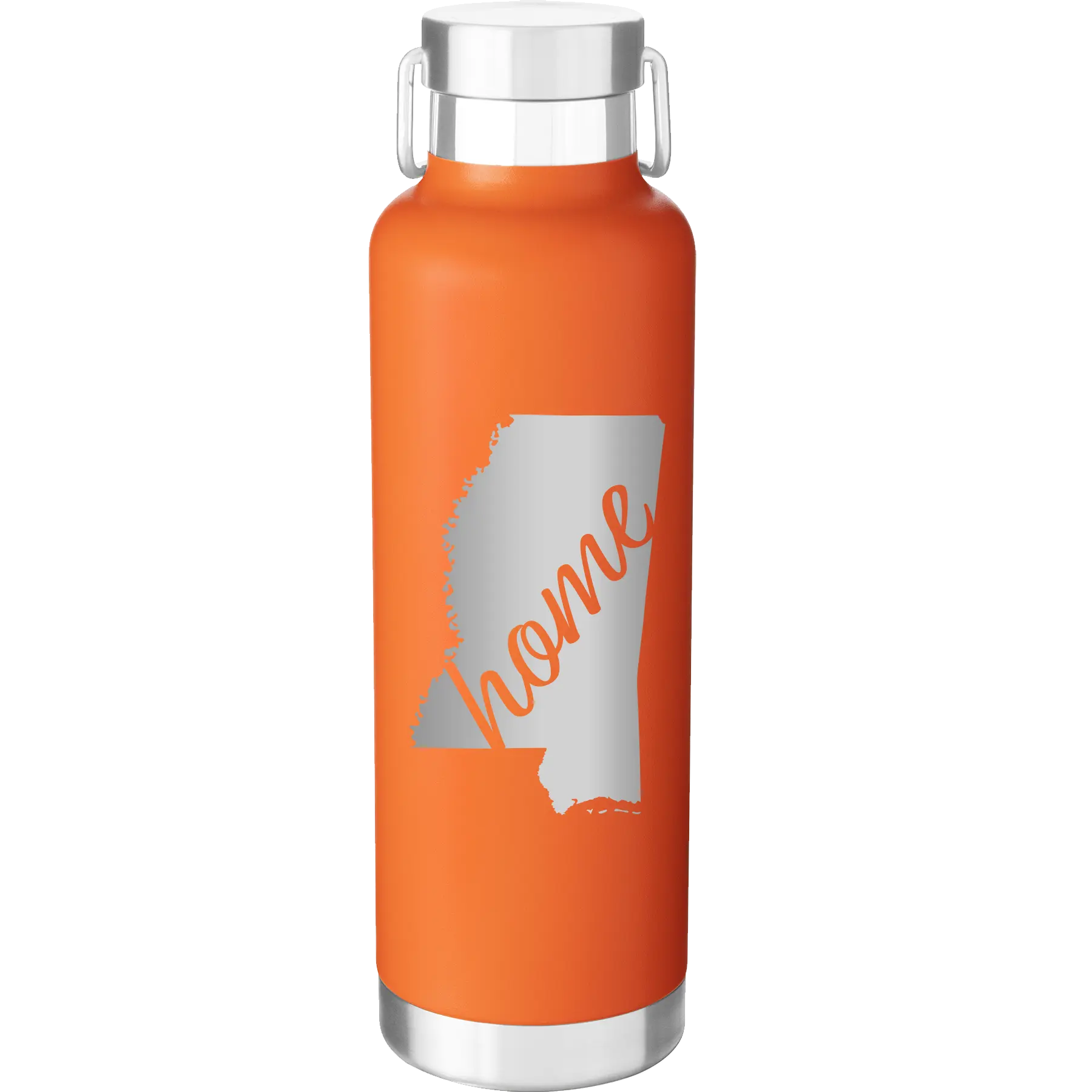 Laser etched orange 24 oz vacuum insulated water bottle with 'Mississippi Home' design