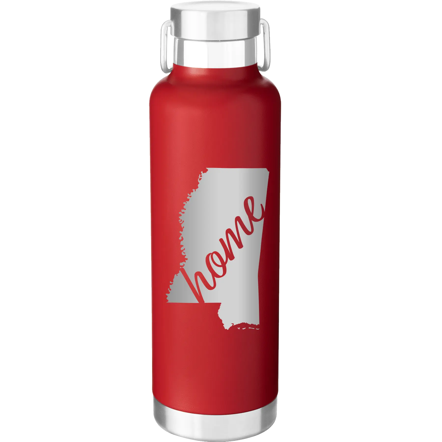 Laser etched red 24 oz vacuum insulated water bottle with 'Mississippi Home' design
