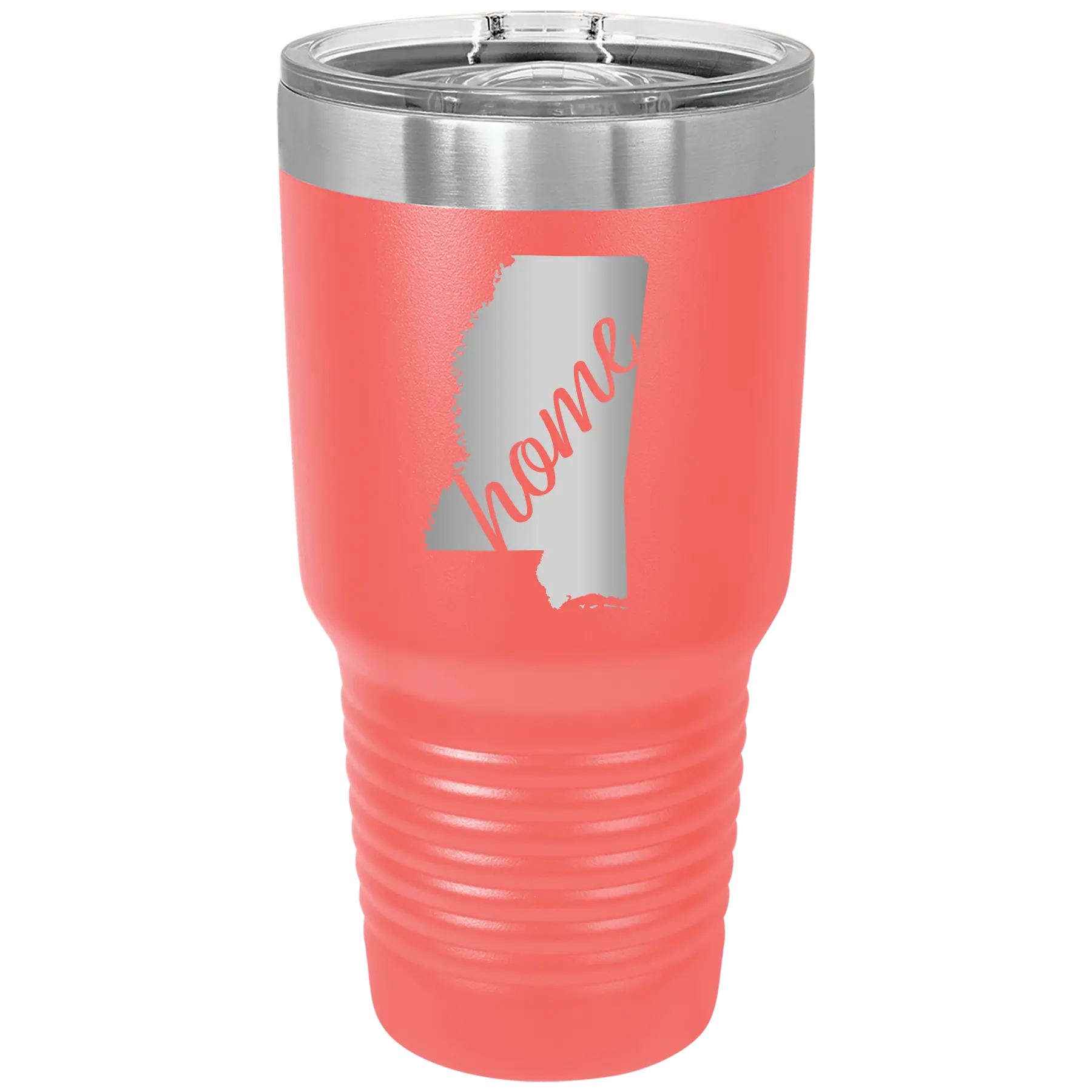Laser etched coral 30 oz vacuum insulated tumbler with 'Mississippi Home' design