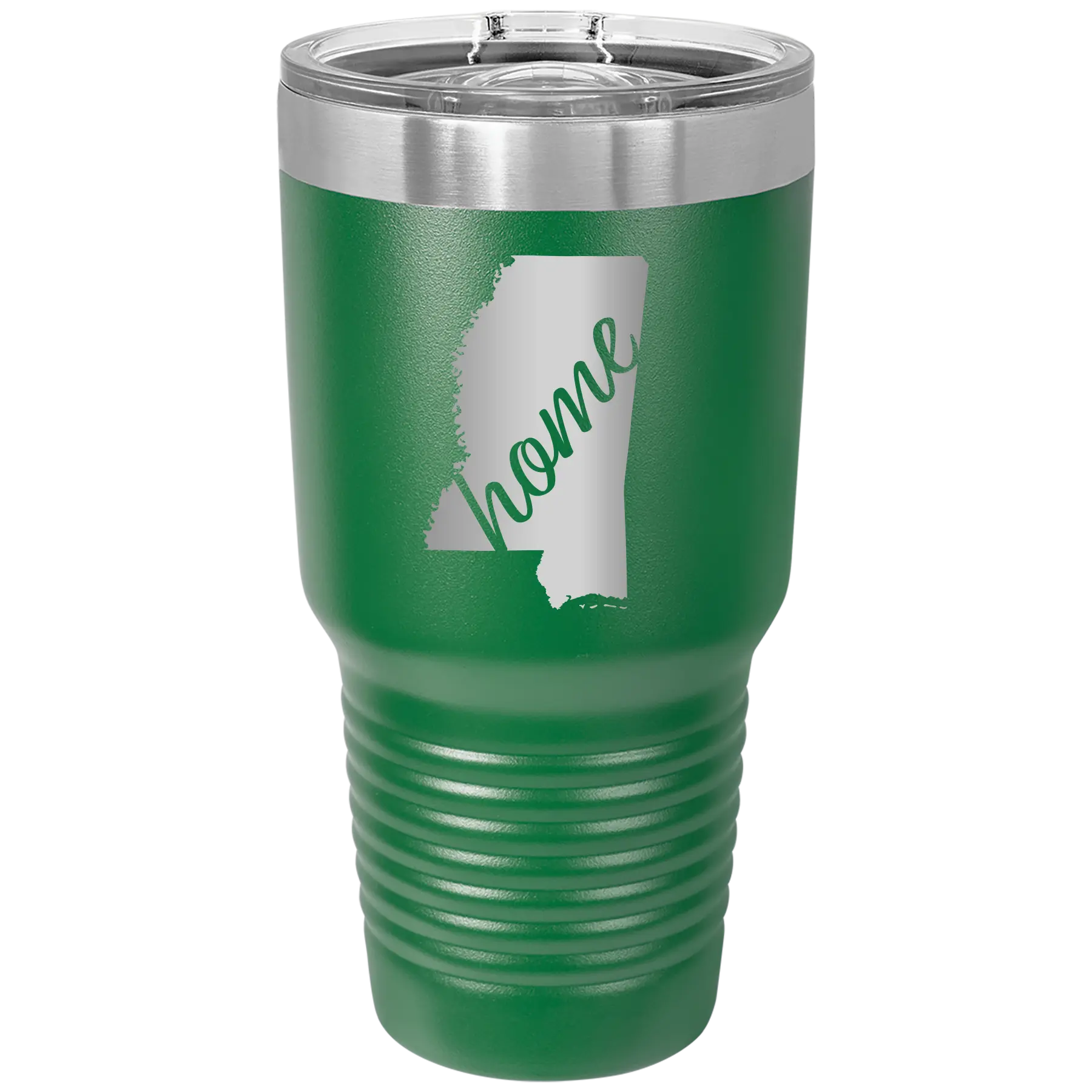 Laser etched green 30 oz vacuum insulated tumbler with 'Mississippi Home' design