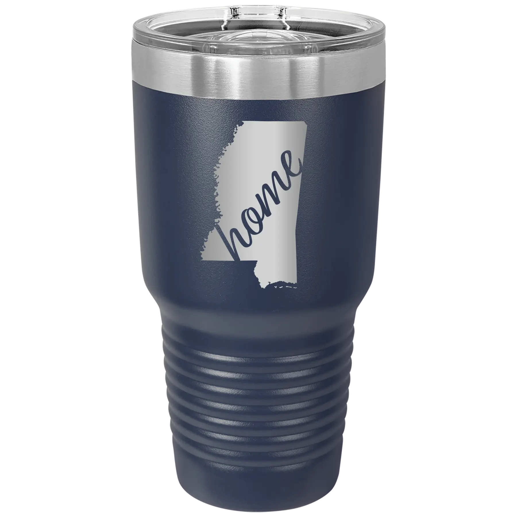 Laser etched navy 30 oz vacuum insulated tumbler with 'Mississippi Home' design