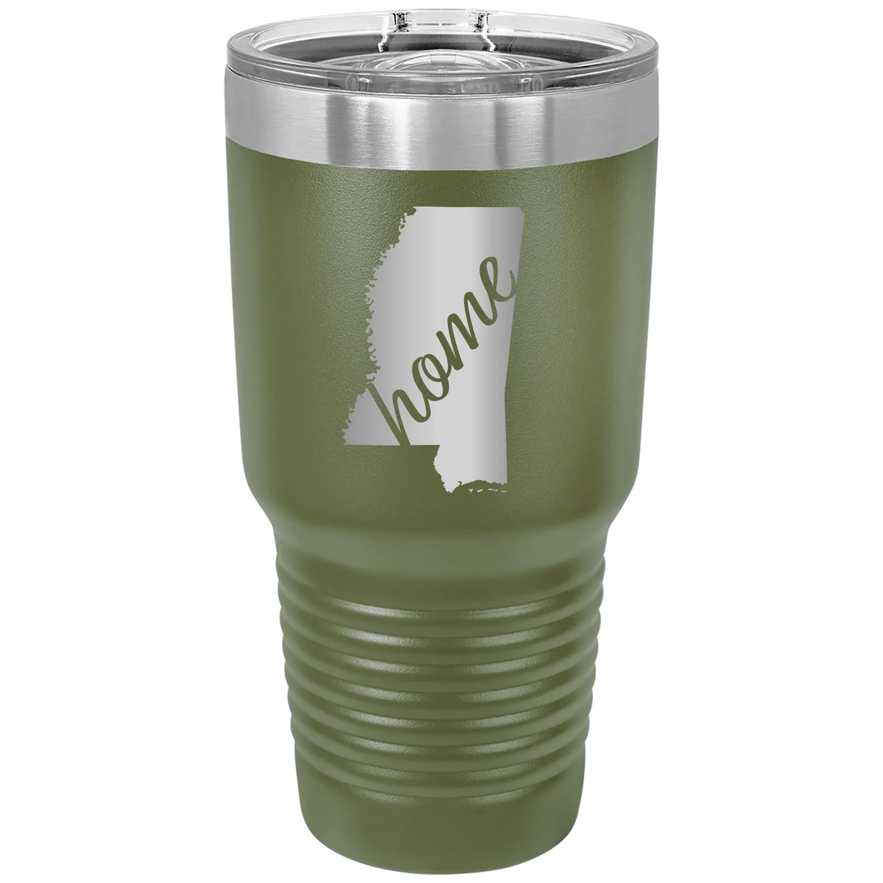 Laser etched olive green 30 oz vacuum insulated tumbler with 'Mississippi Home' design
