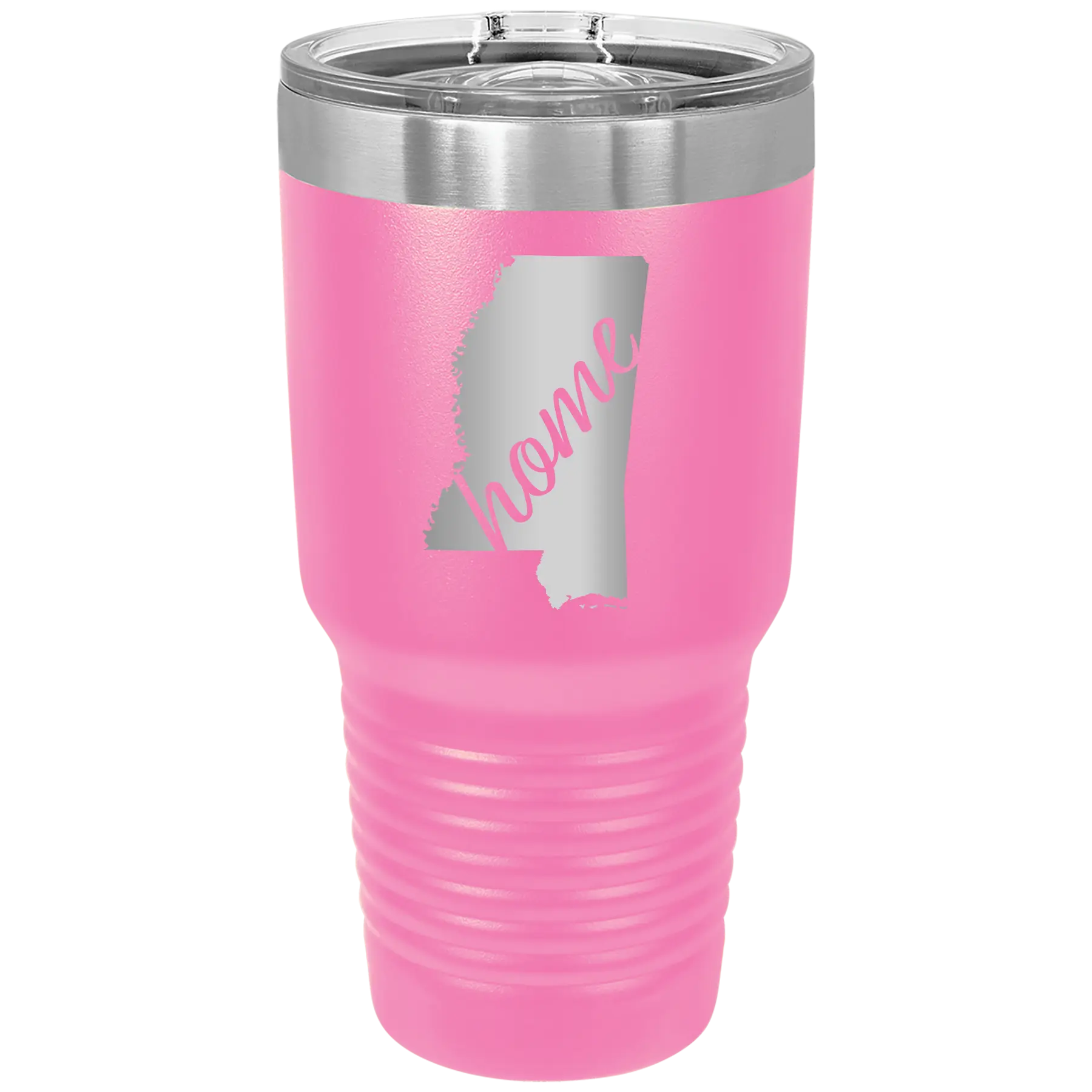 Laser etched pink 30 oz vacuum insulated tumbler with 'Mississippi Home' design