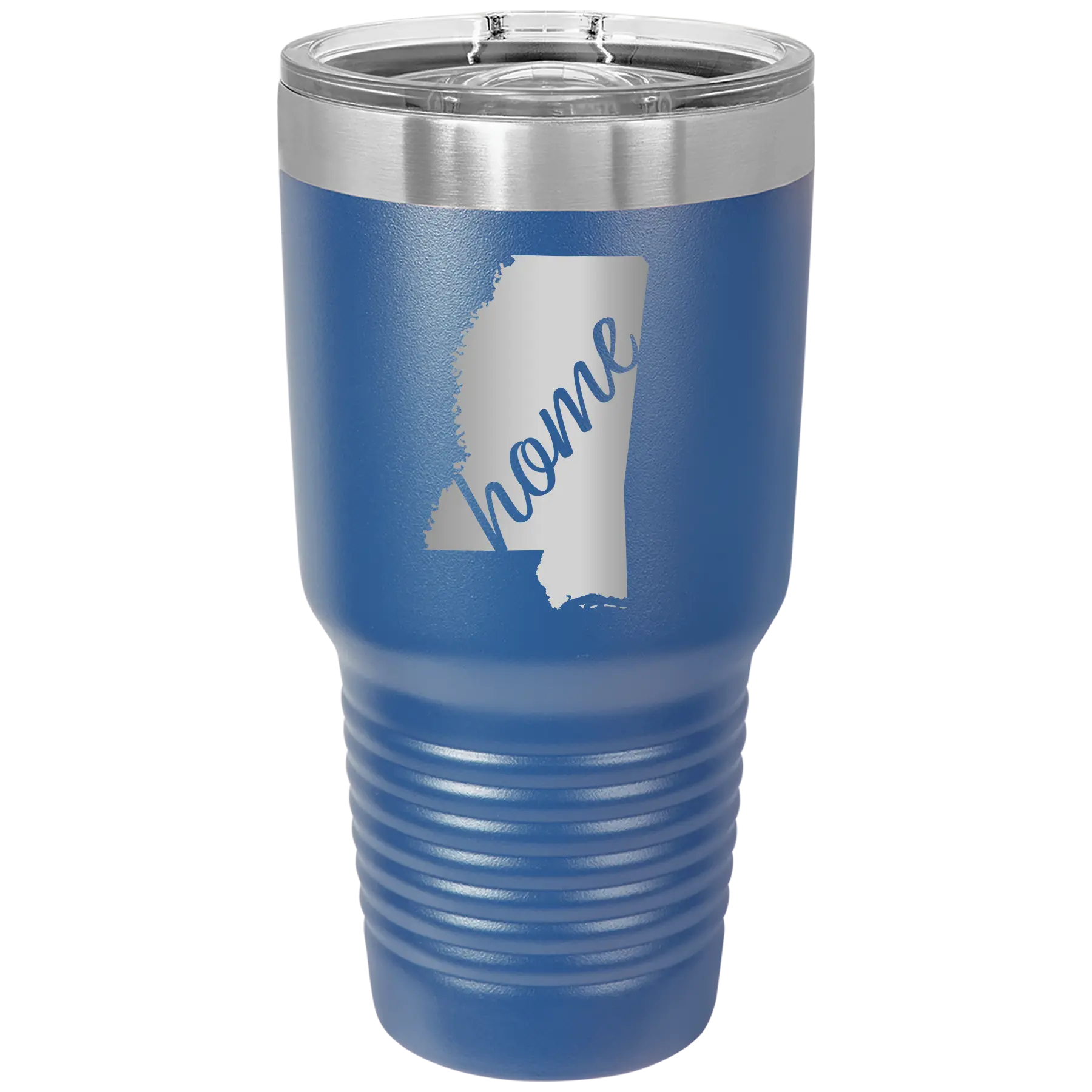Laser etched royal blue 30 oz vacuum insulated tumbler with 'Mississippi Home' design