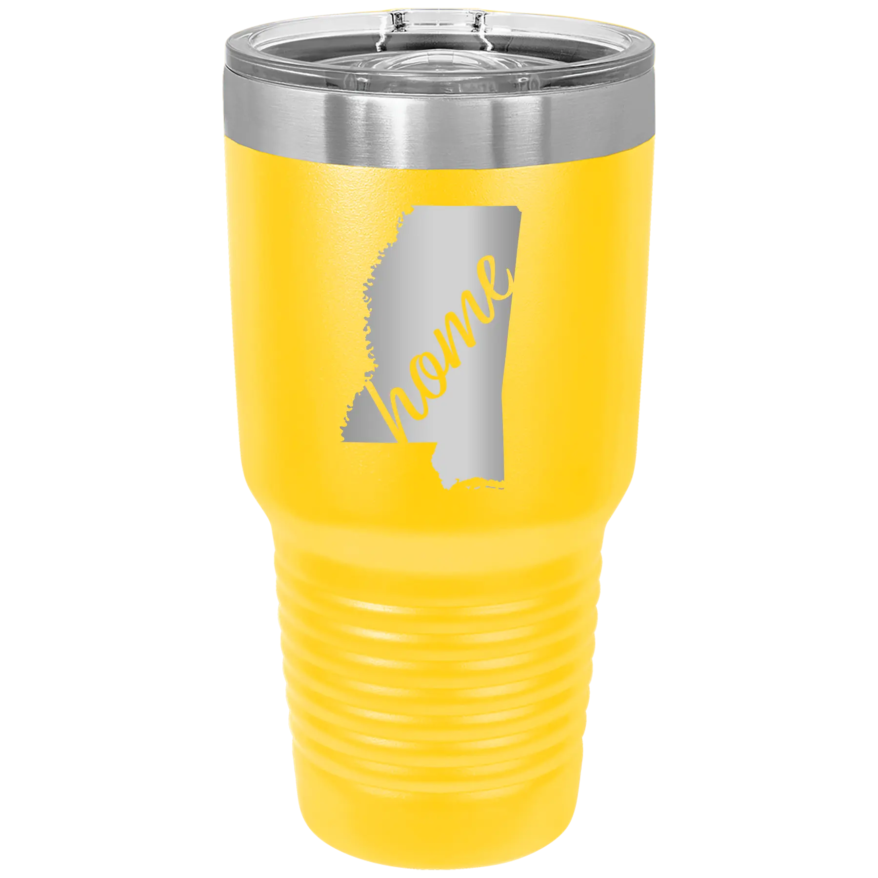 Laser etched yellow 30 oz vacuum insulated tumbler with 'Mississippi Home' design