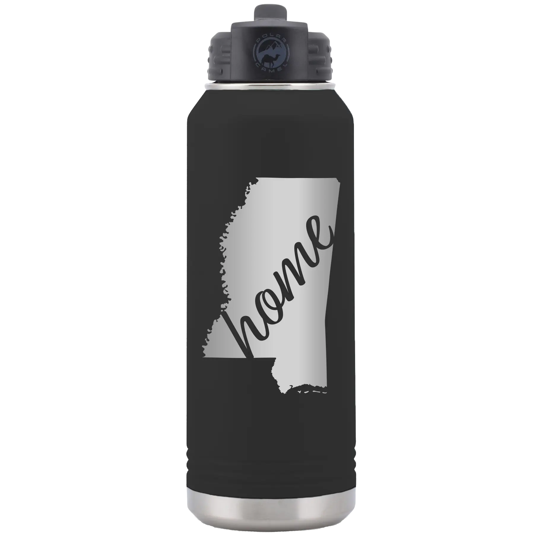 Laser etched black 32 oz vacuum insulated water bottle with 'Mississippi Home' design
