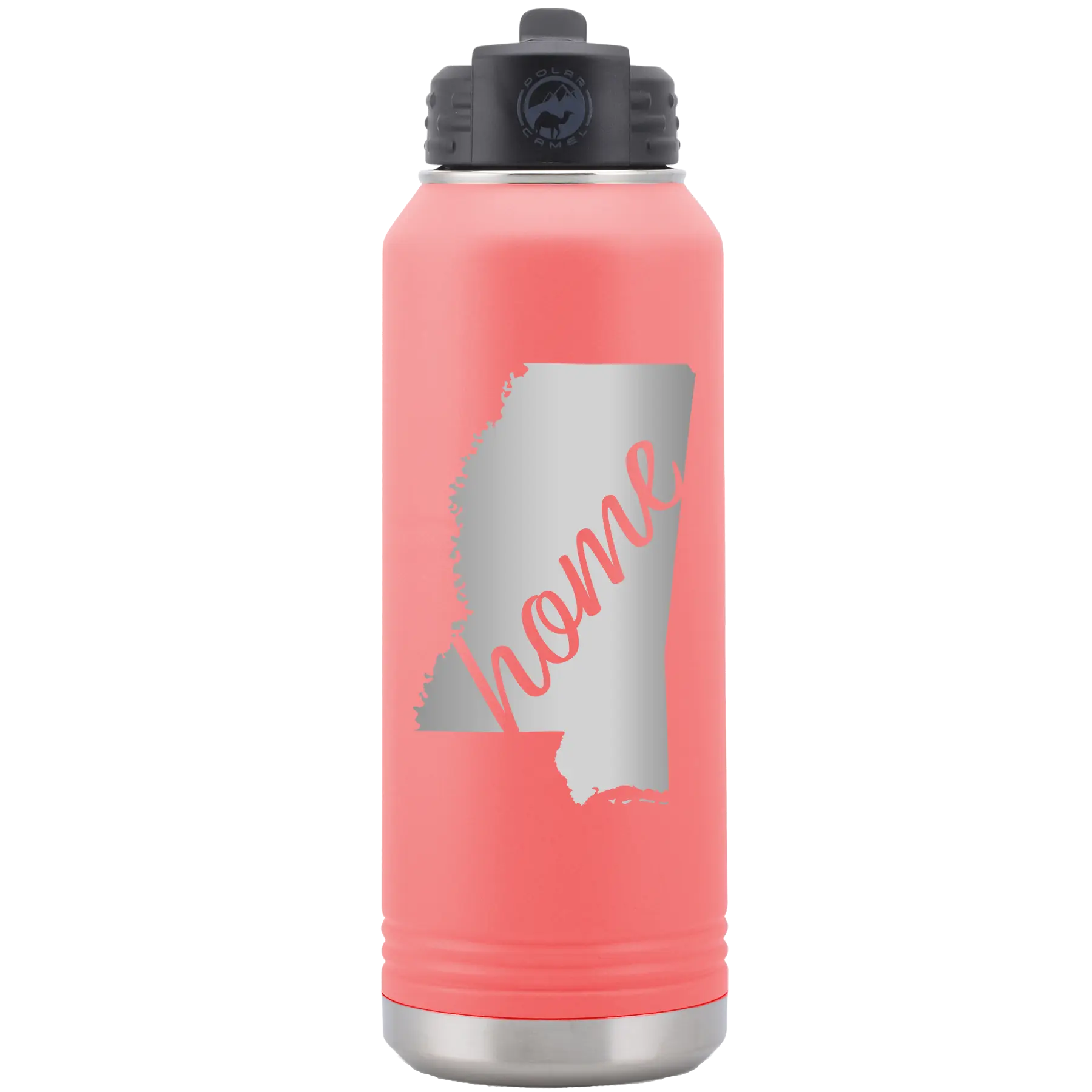 Laser etched coral 32 oz vacuum insulated water bottle with 'Mississippi Home' design