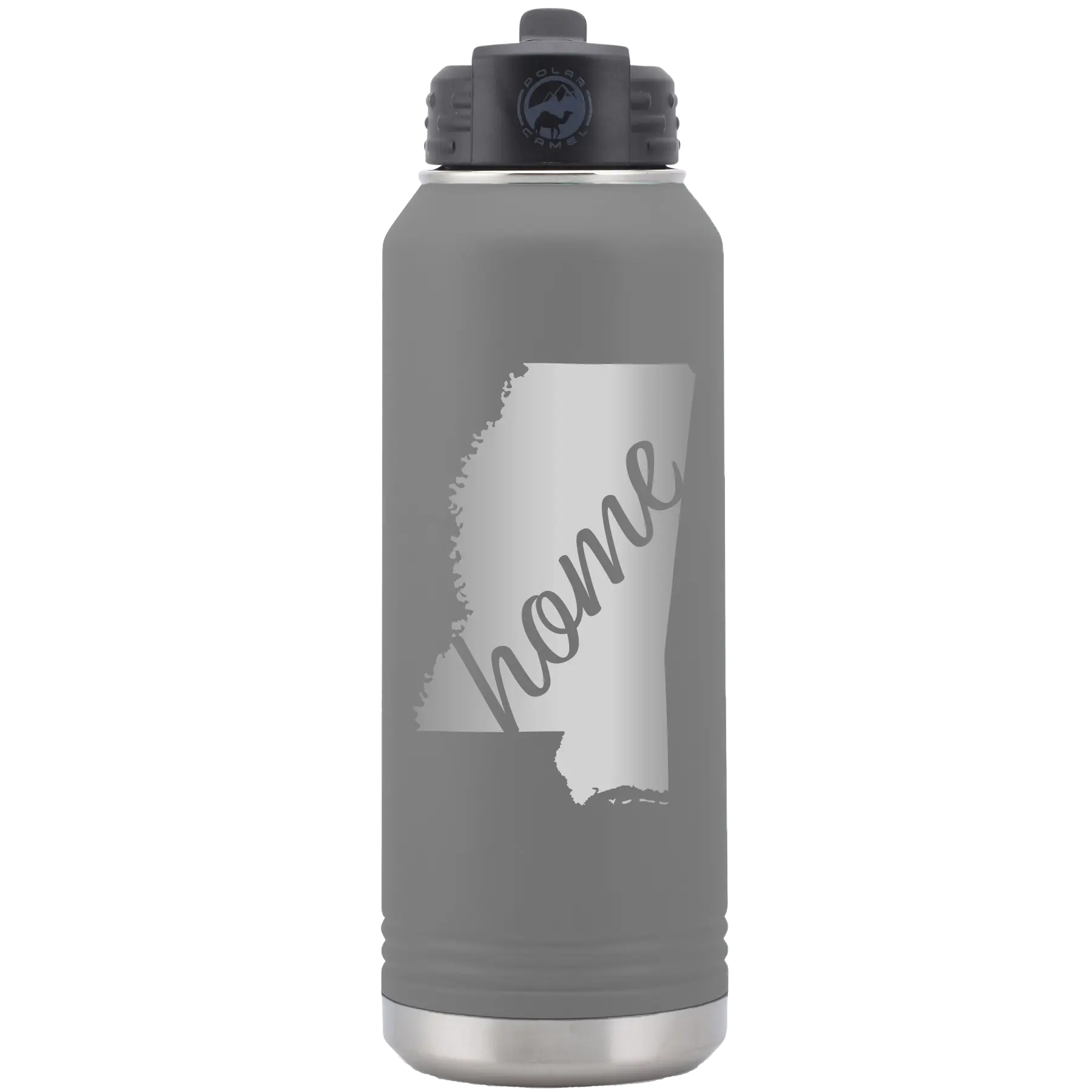 Laser etched dark gray 32 oz vacuum insulated water bottle with 'Mississippi Home' design