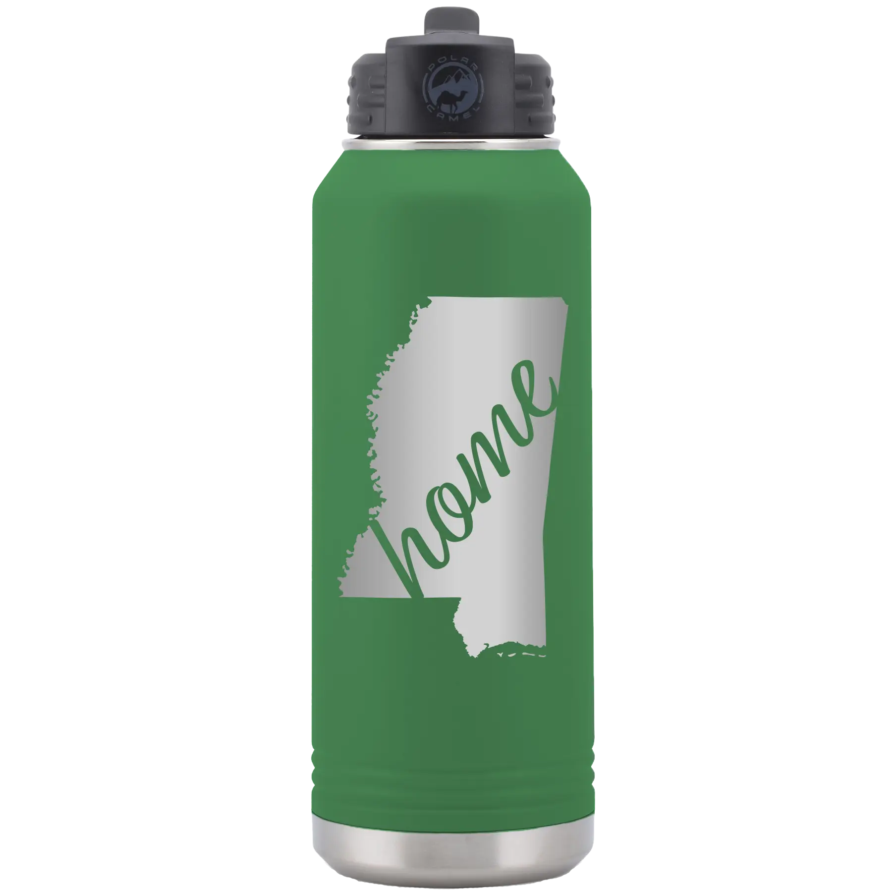 Laser etched green 32 oz vacuum insulated water bottle with 'Mississippi Home' design
