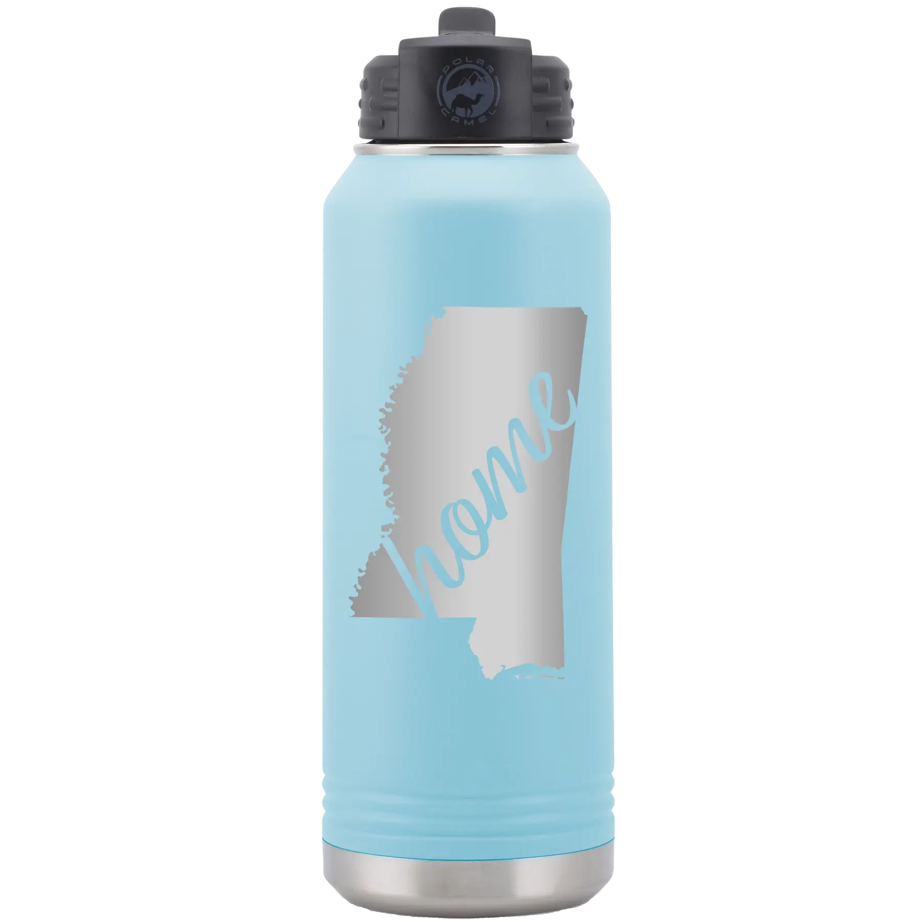 Laser etched light blue 32 oz vacuum insulated water bottle with 'Mississippi Home' design