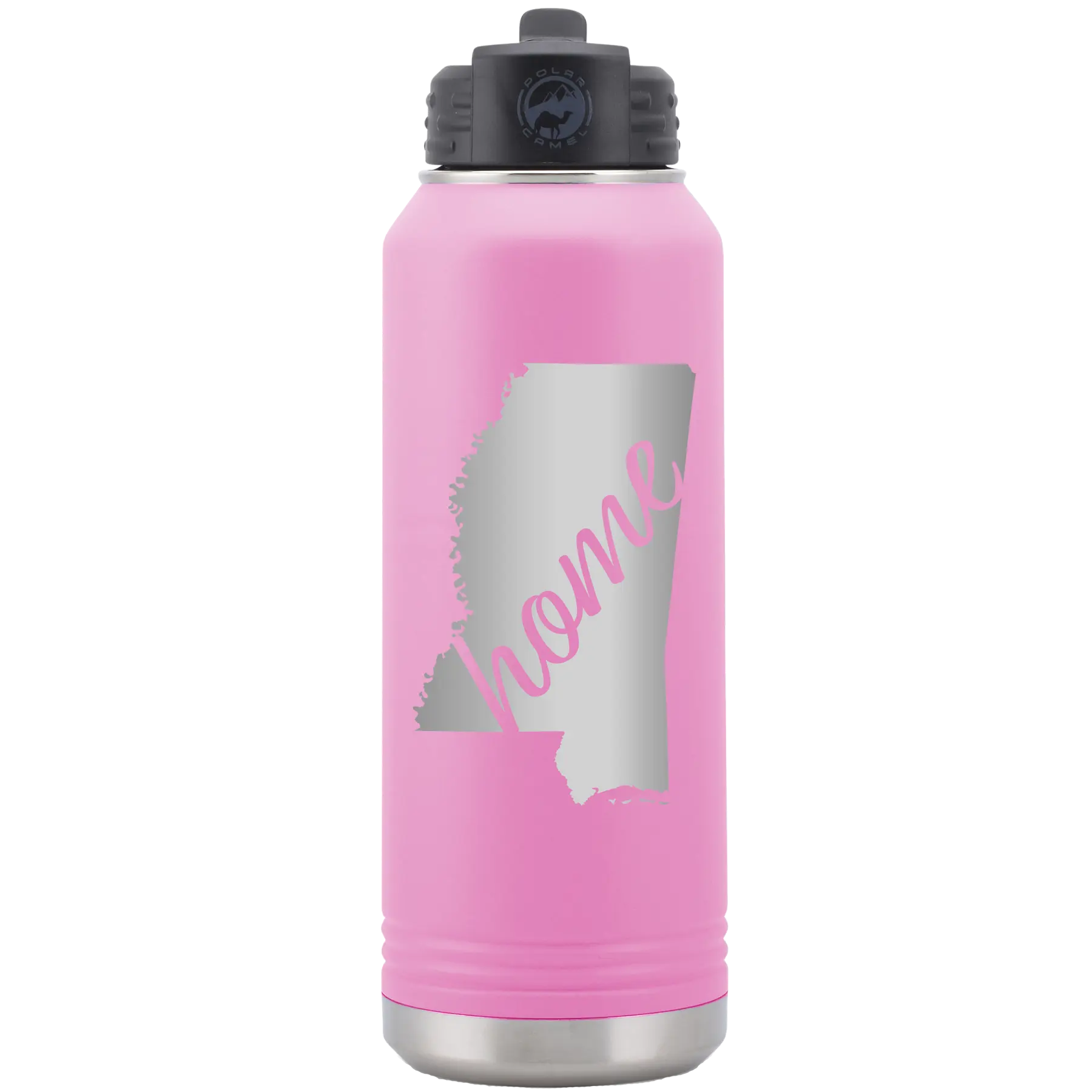Laser etched light purple 32 oz vacuum insulated water bottle with 'Mississippi Home' design