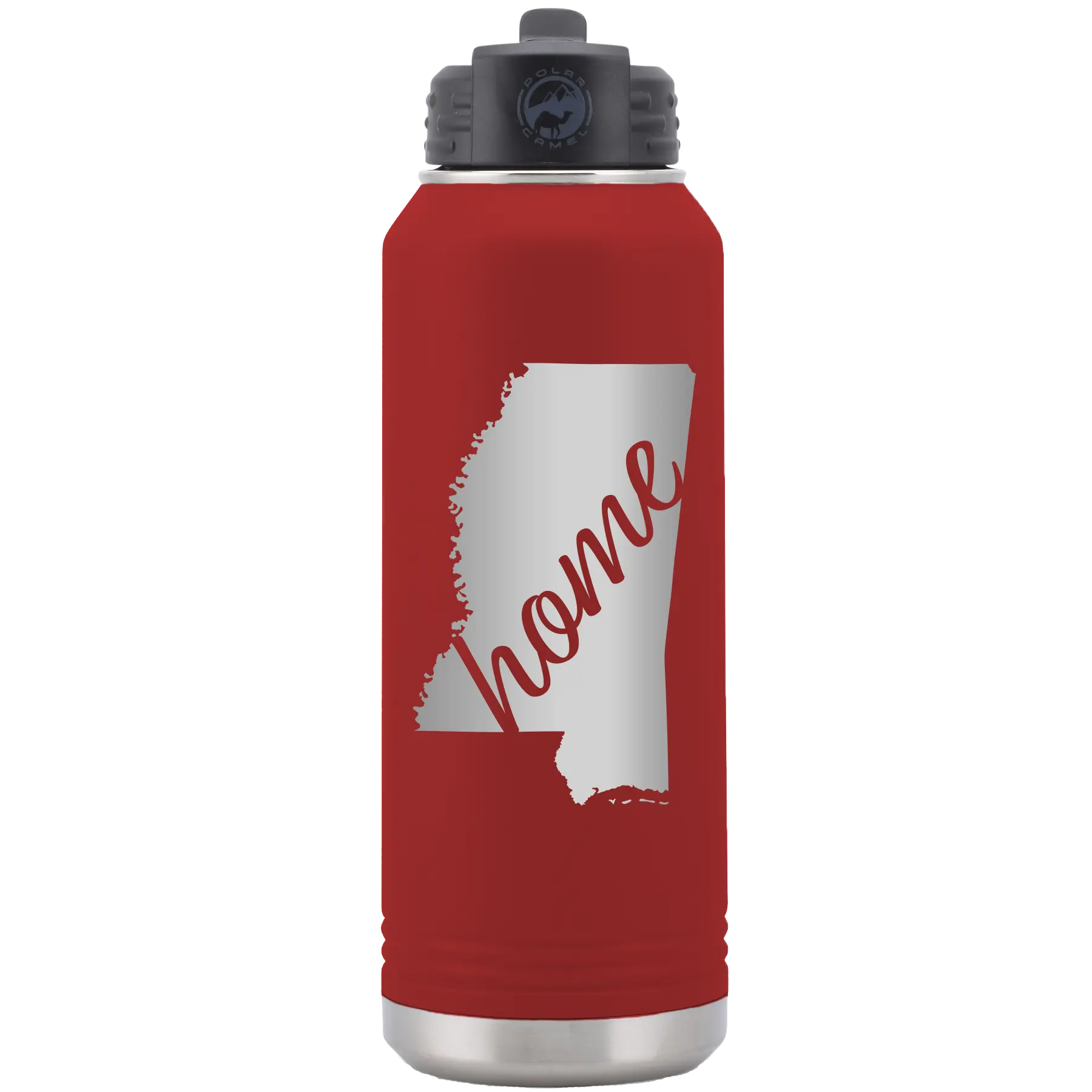 Laser etched maroon 32 oz vacuum insulated water bottle with 'Mississippi Home' design