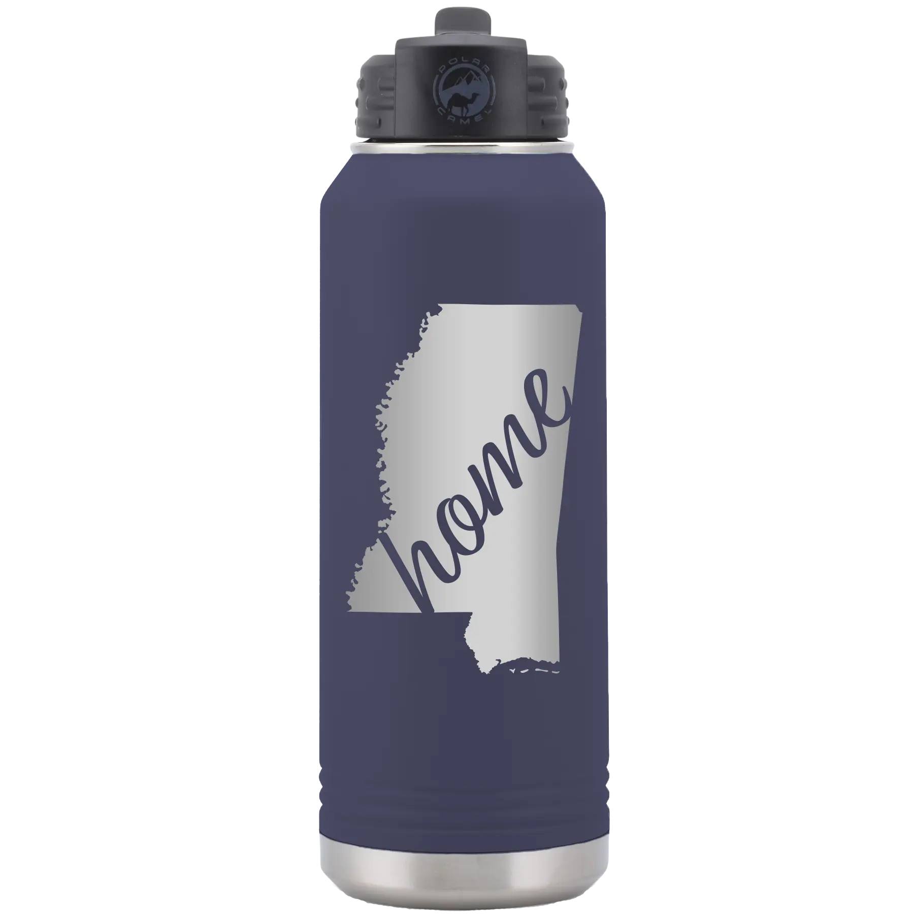 Laser etched navy 32 oz vacuum insulated water bottle with 'Mississippi Home' design