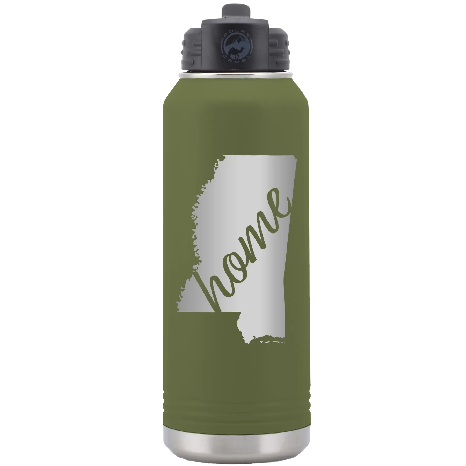 Laser etched olive green 32 oz vacuum insulated water bottle with 'Mississippi Home' design