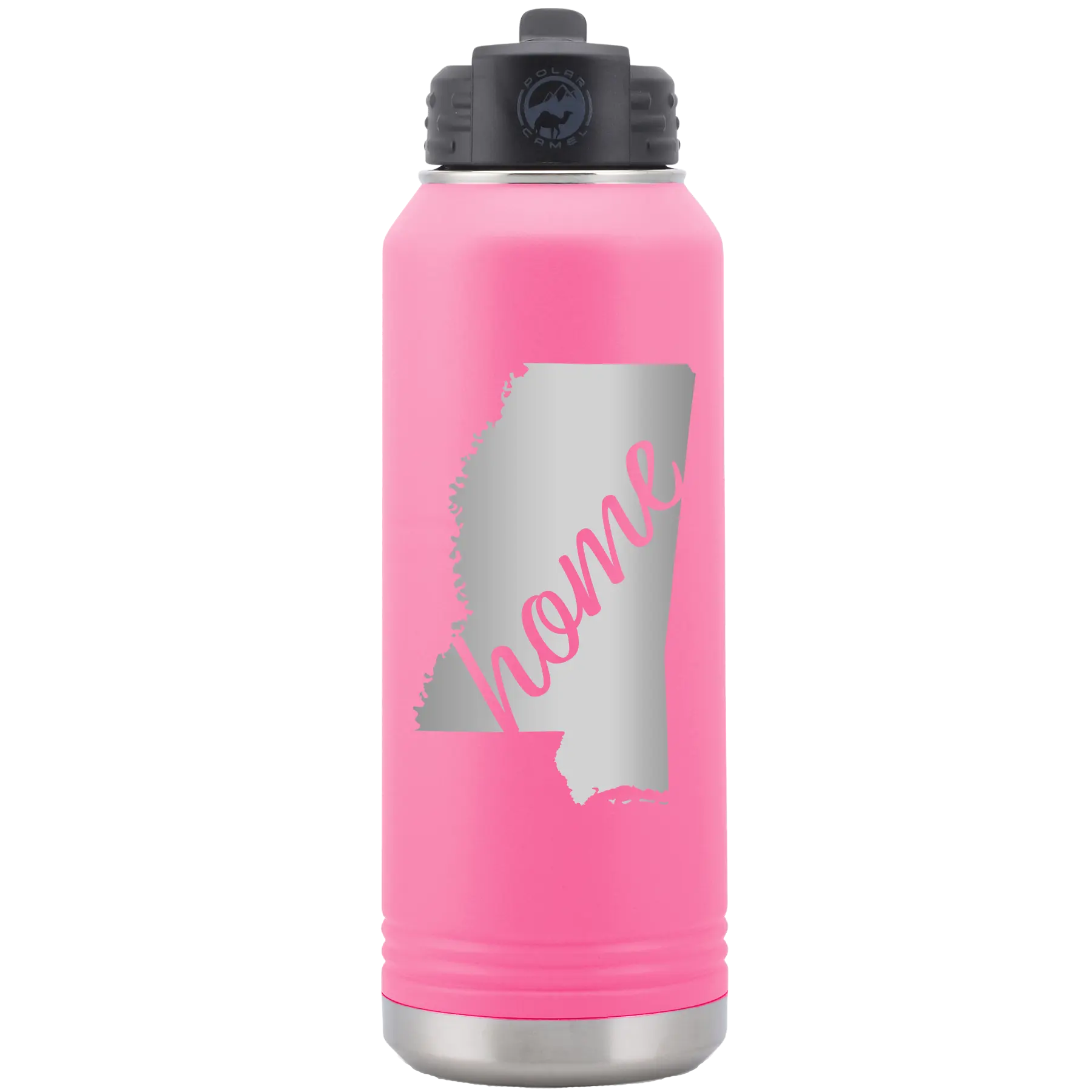 Laser etched pink 32 oz vacuum insulated water bottle with 'Mississippi Home' design