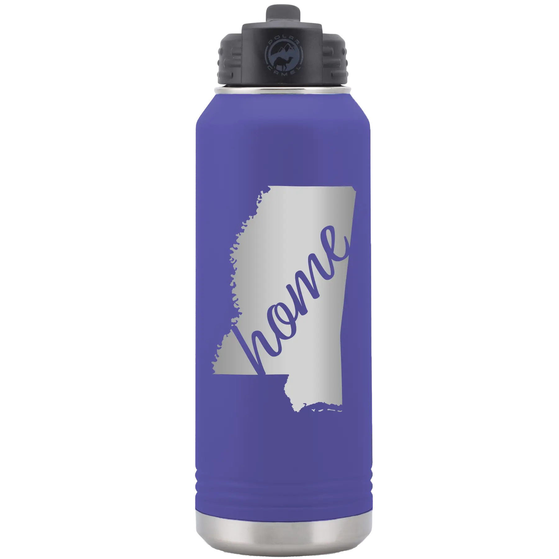 Laser etched purple 32 oz vacuum insulated water bottle with 'Mississippi Home' design