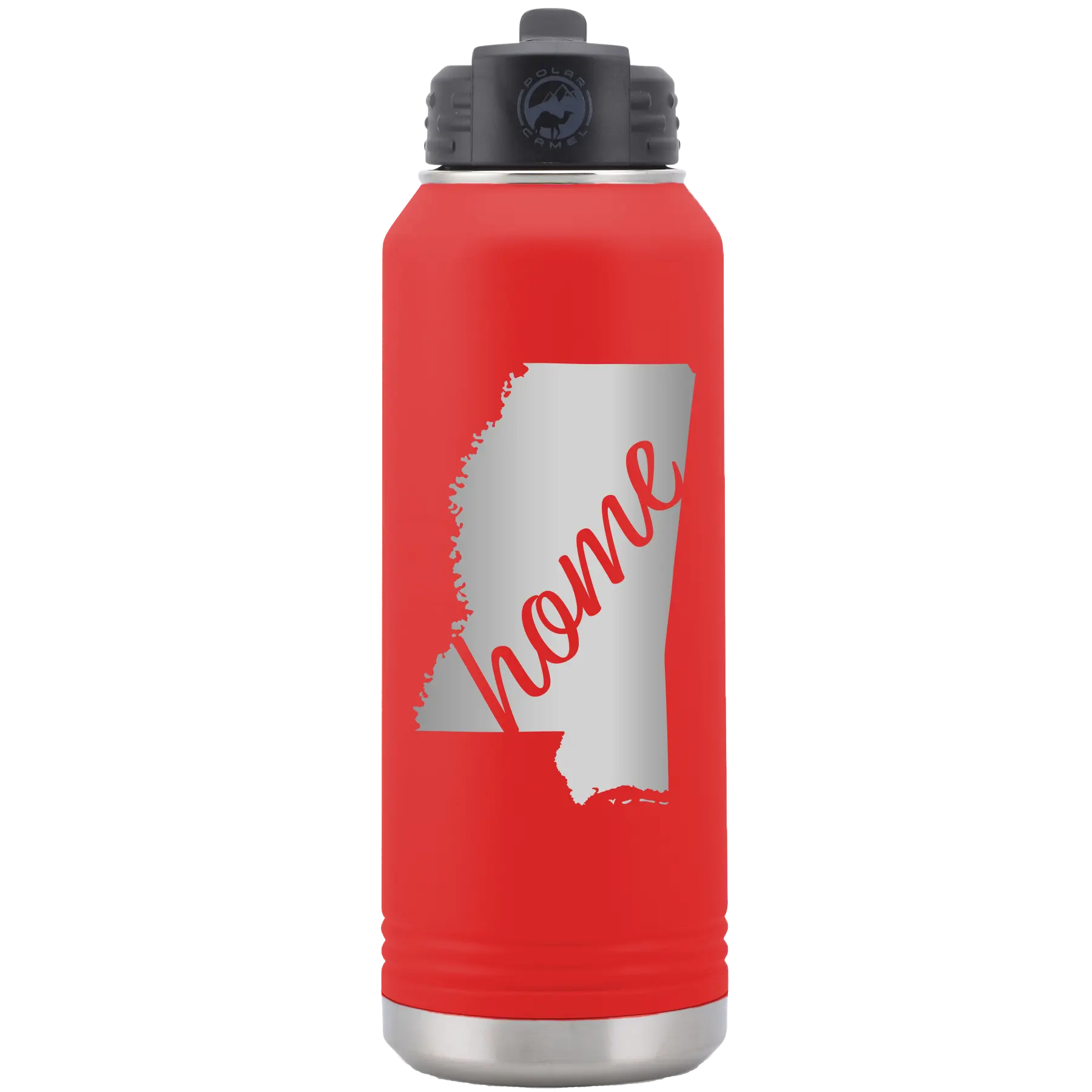 Laser etched red 32 oz vacuum insulated water bottle with 'Mississippi Home' design