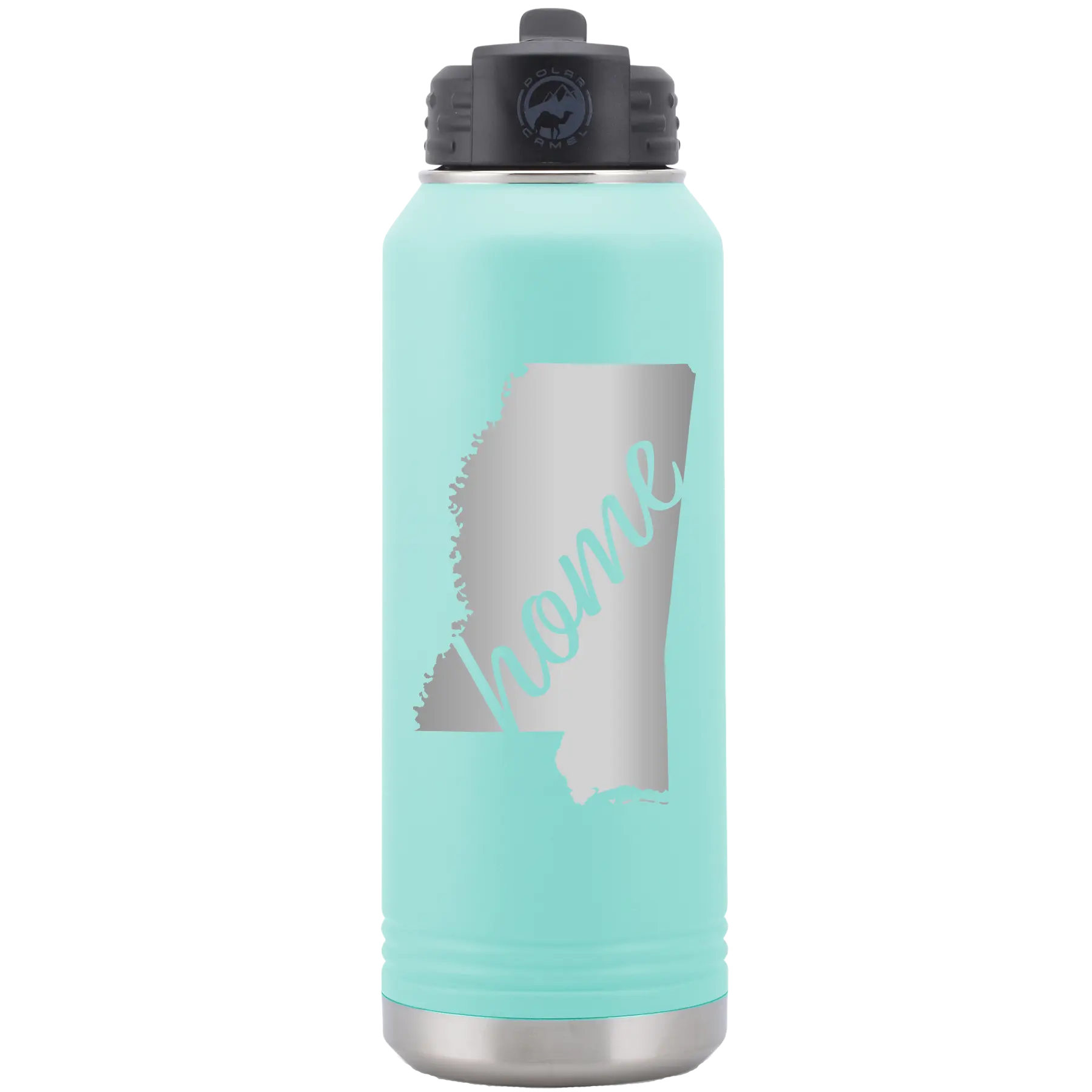 Laser etched teal 32 oz vacuum insulated water bottle with 'Mississippi Home' design