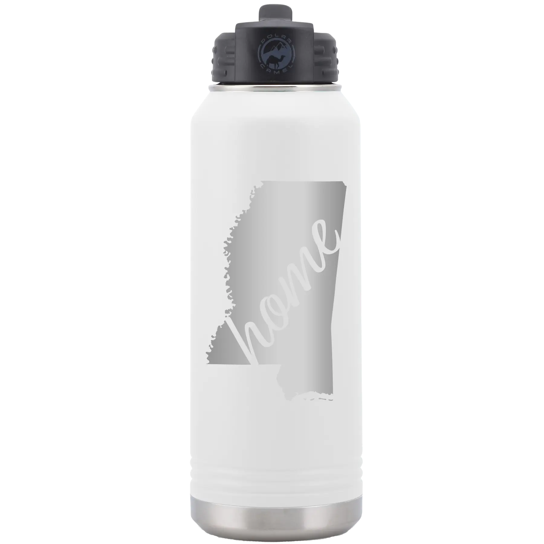 Laser etched white 32 oz vacuum insulated water bottle with 'Mississippi Home' design