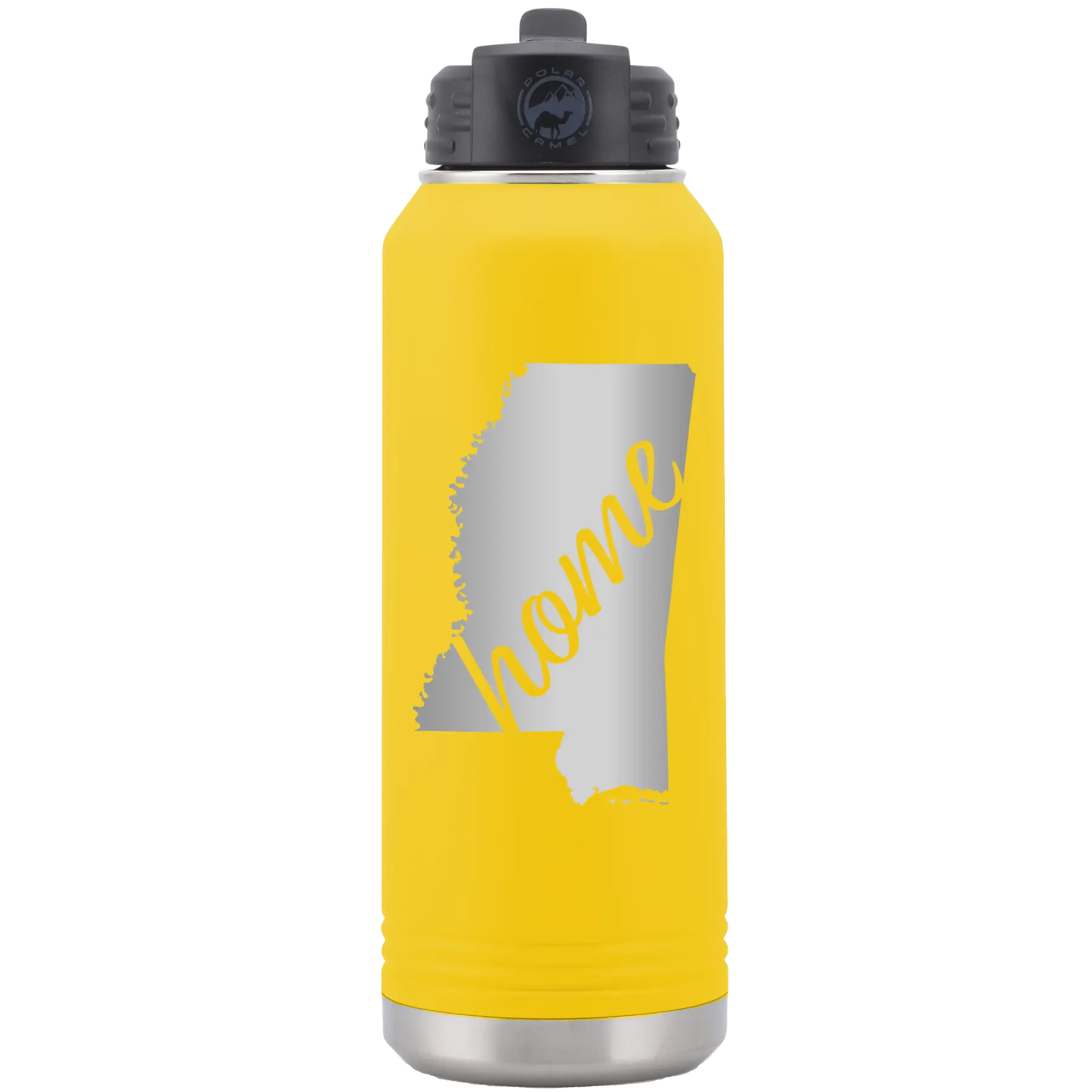 Laser etched yellow 32 oz vacuum insulated water bottle with 'Mississippi Home' design