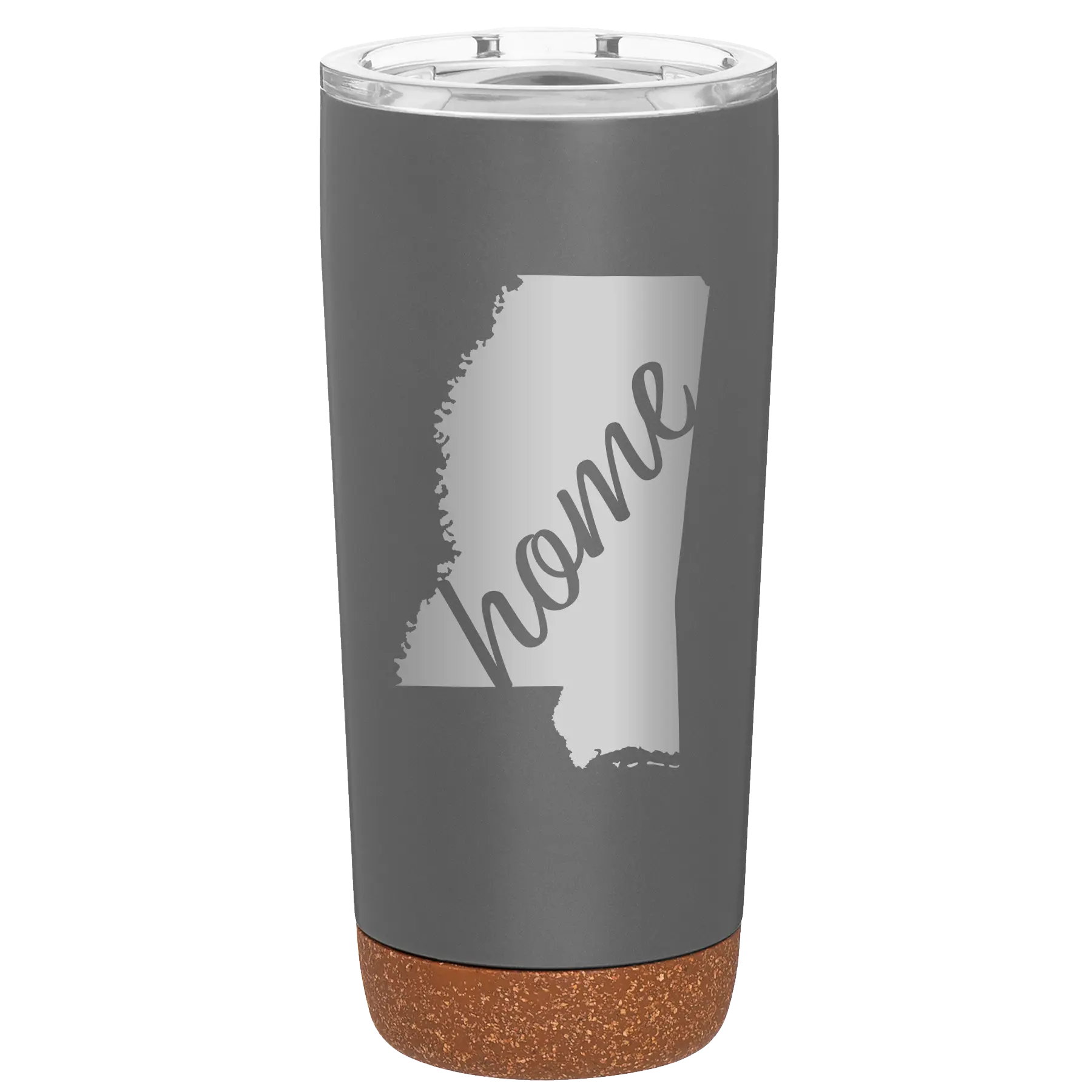 Laser etched storm gray 20 oz vacuum insulated tumbler with 'Mississippi Home' design