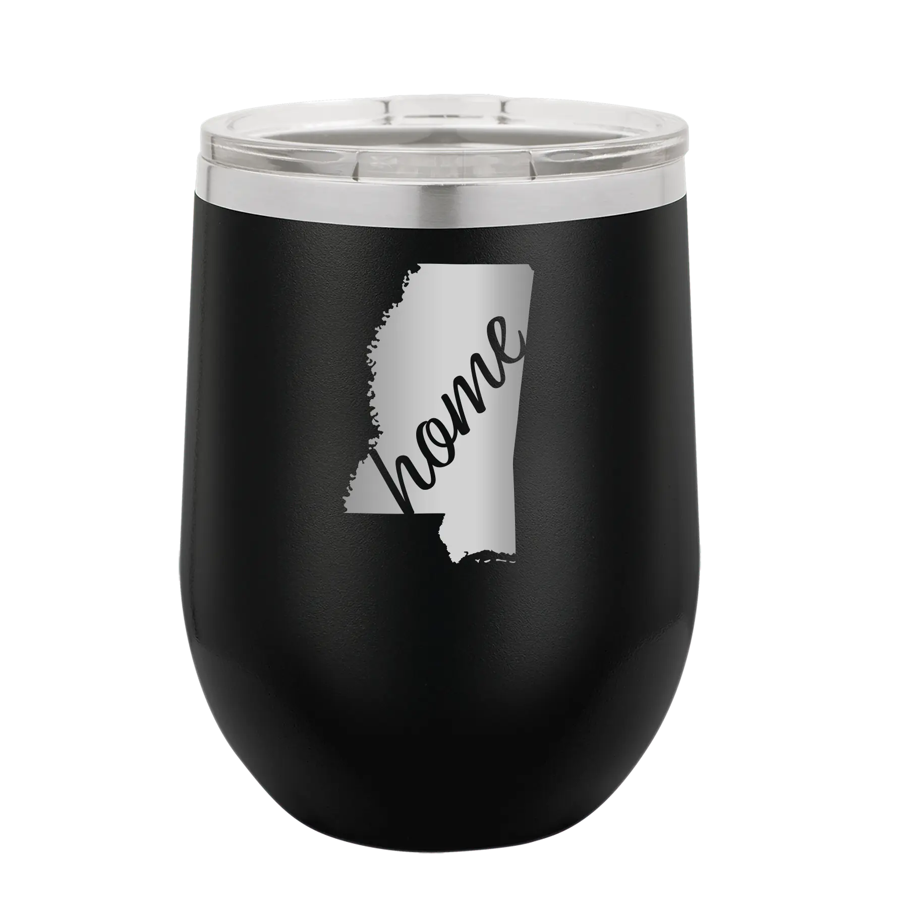 Laser etched black 12 oz vacuum insulated wine cup with 'Mississippi Home' design