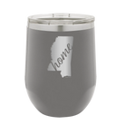 Laser etched dark gray 12 oz vacuum insulated wine cup with 'Mississippi Home' design