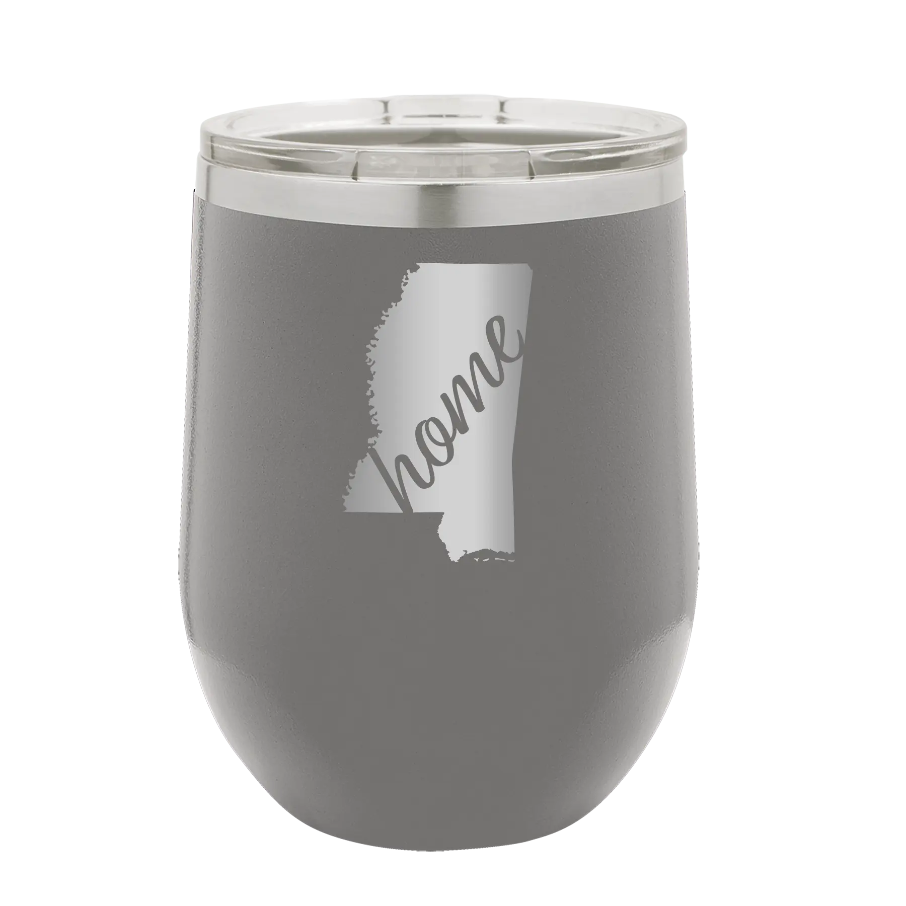 Laser etched dark gray 12 oz vacuum insulated wine cup with 'Mississippi Home' design