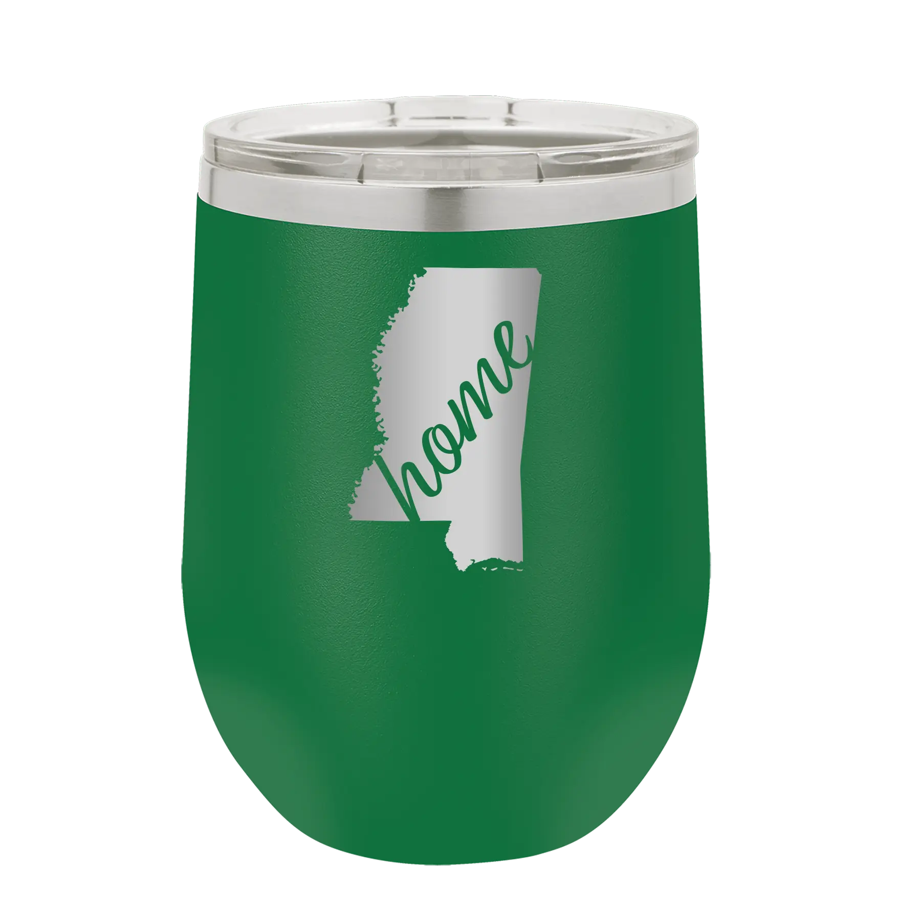 Laser etched green 12 oz vacuum insulated wine cup with 'Mississippi Home' design