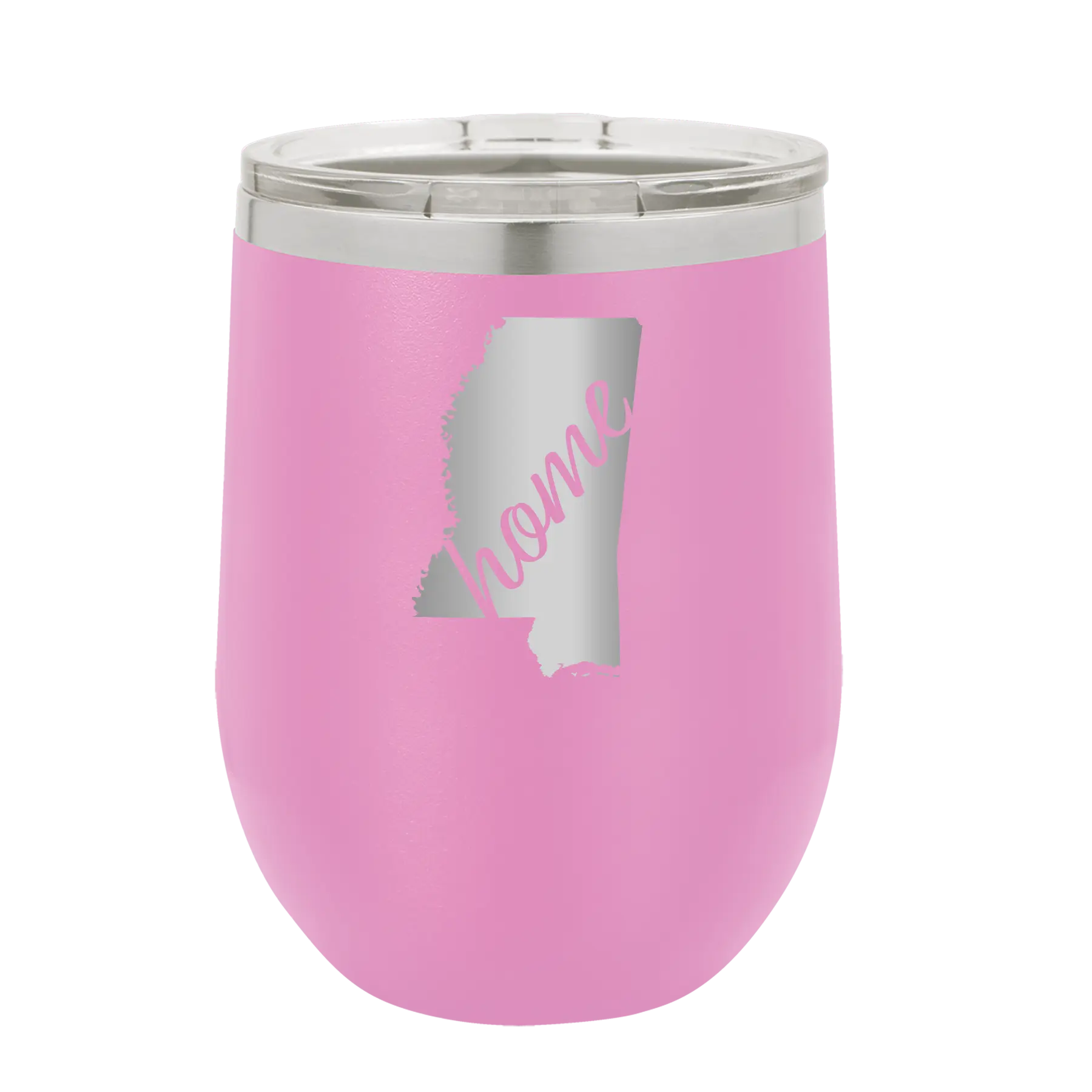 Laser etched light purple 12 oz vacuum insulated wine cup with 'Mississippi Home' design