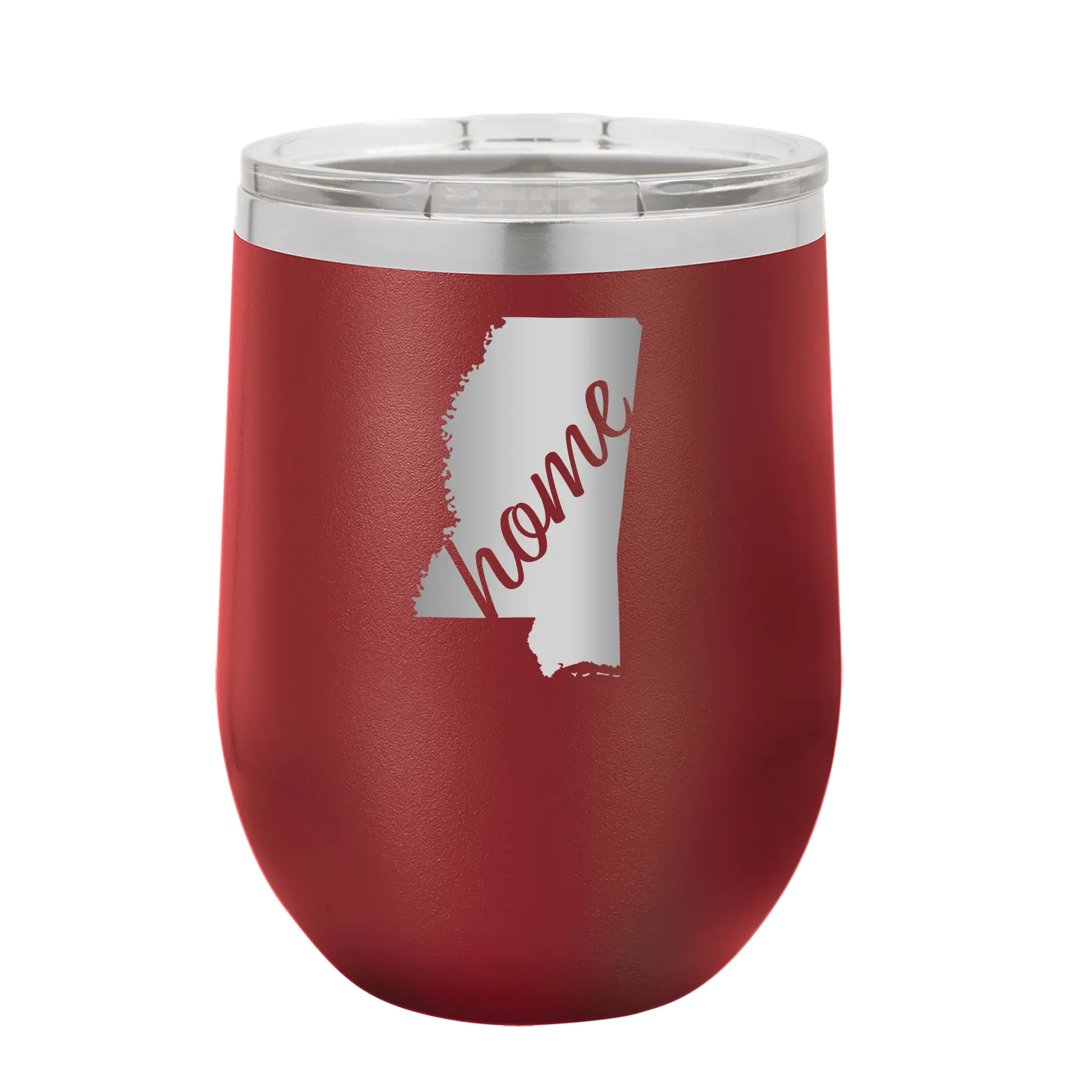 Laser etched maroon 12 oz vacuum insulated wine cup with 'Mississippi Home' design