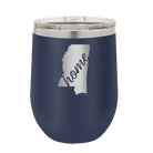 Laser etched navy 12 oz vacuum insulated wine cup with 'Mississippi Home' design