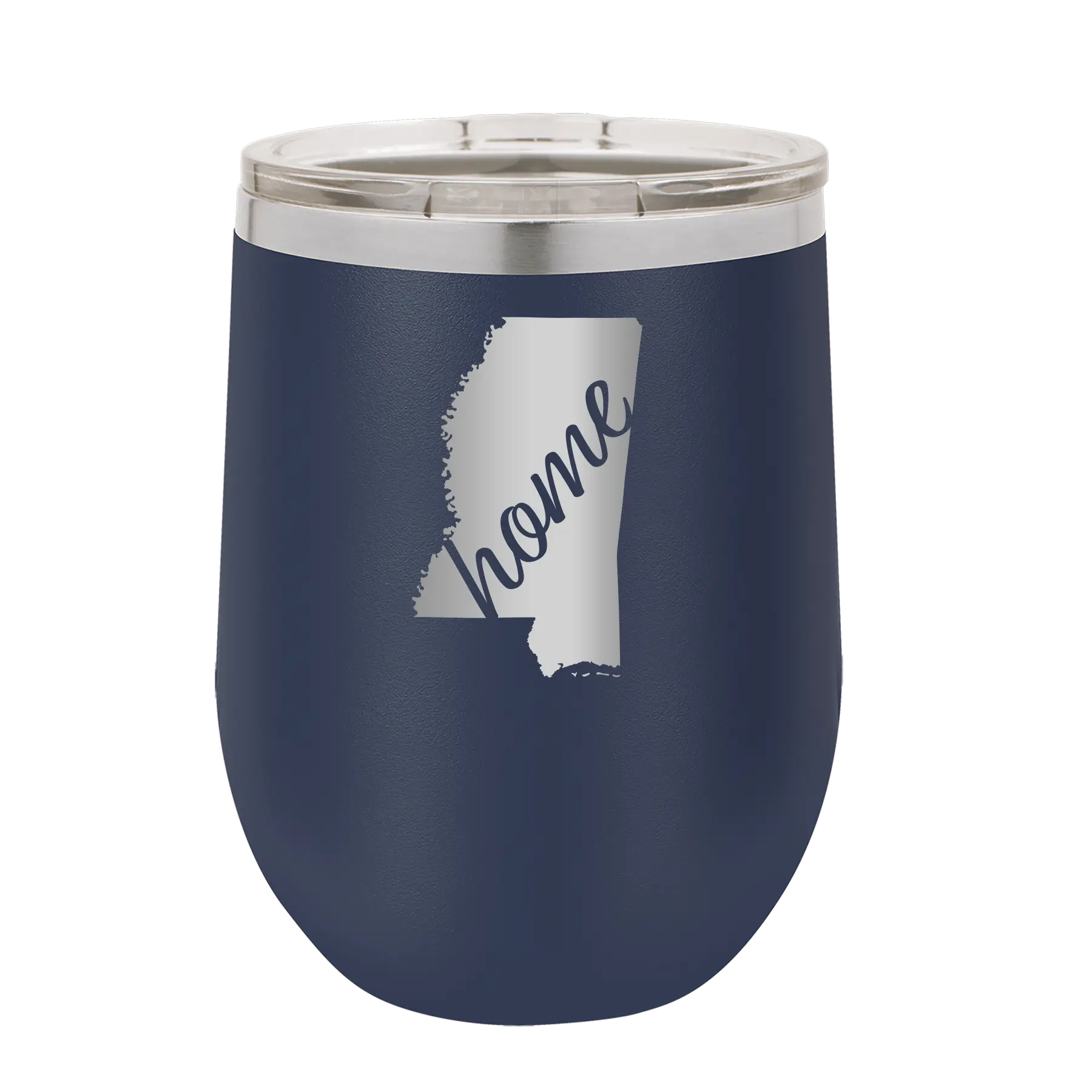 Laser etched navy 12 oz vacuum insulated wine cup with 'Mississippi Home' design