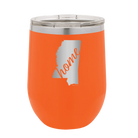 Laser etched orange 12 oz vacuum insulated wine cup with 'Mississippi Home' design