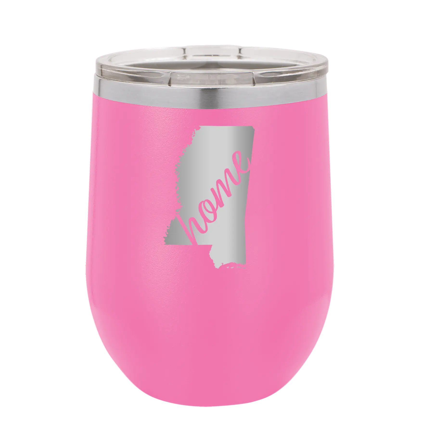 Laser etched pink 12 oz vacuum insulated wine cup with 'Mississippi Home' design