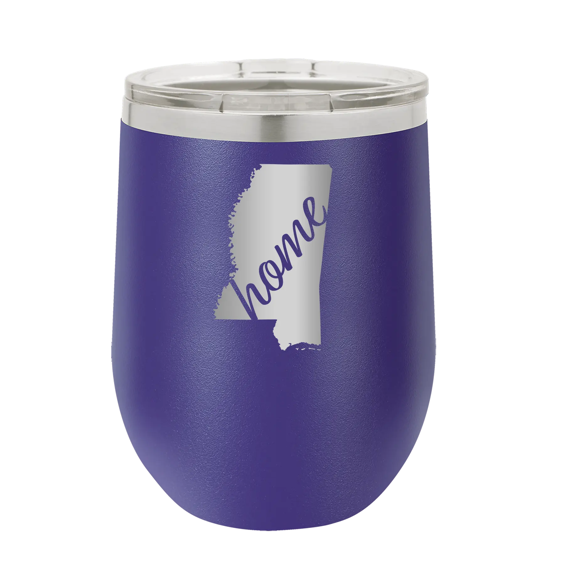Laser etched purple 12 oz vacuum insulated wine cup with 'Mississippi Home' design
