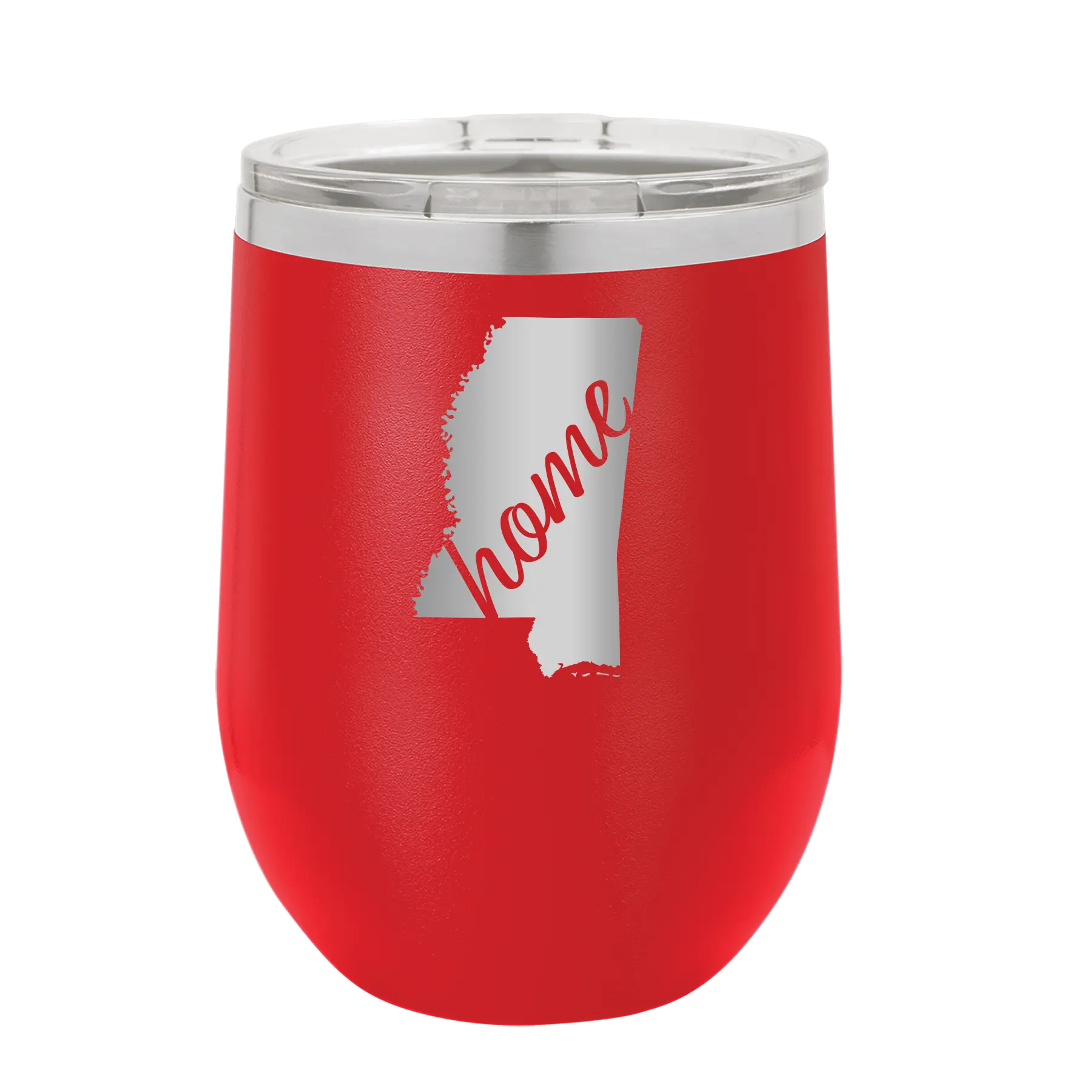 Laser etched red 12 oz vacuum insulated wine cup with 'Mississippi Home' design