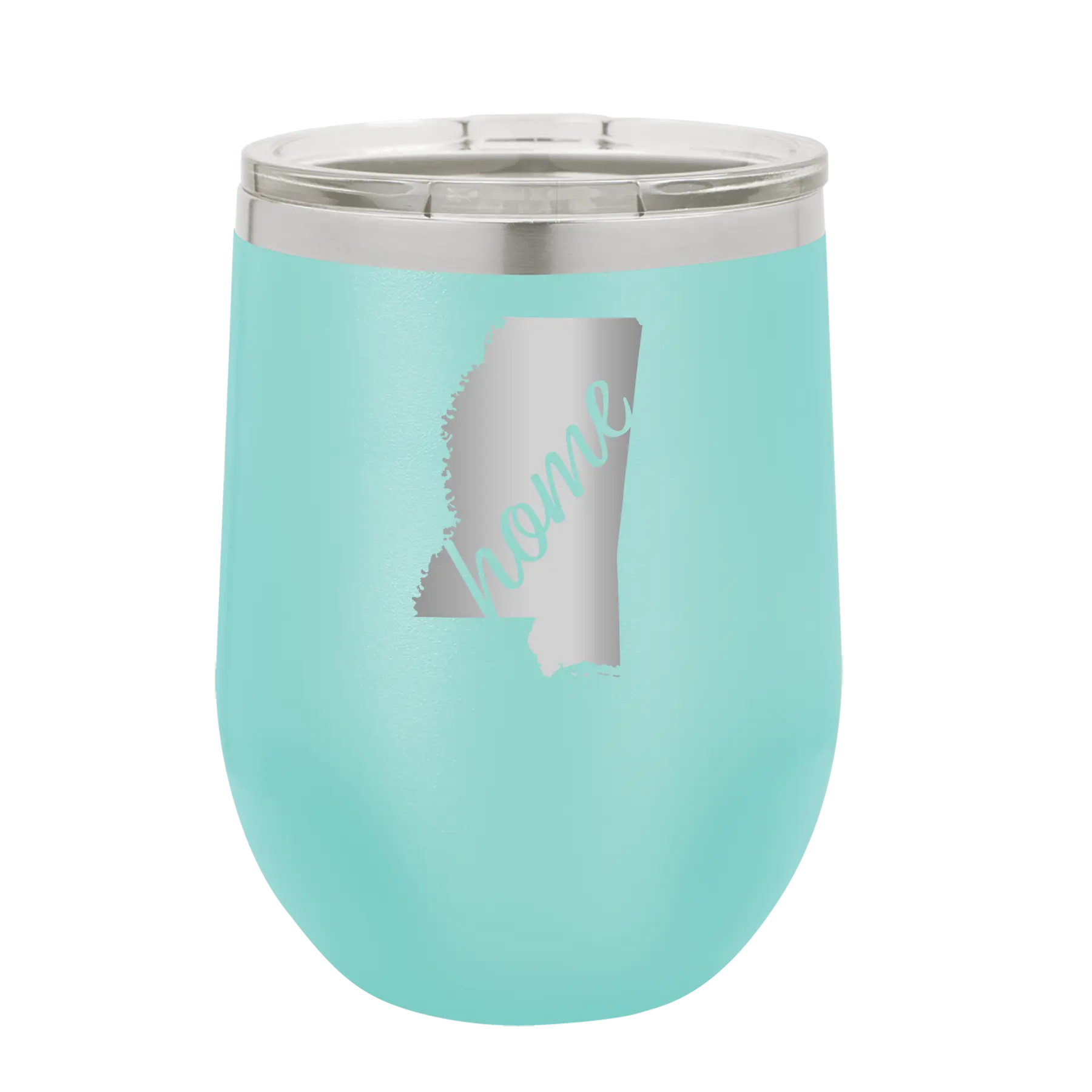 Laser etched teal 12 oz vacuum insulated wine cup with 'Mississippi Home' design