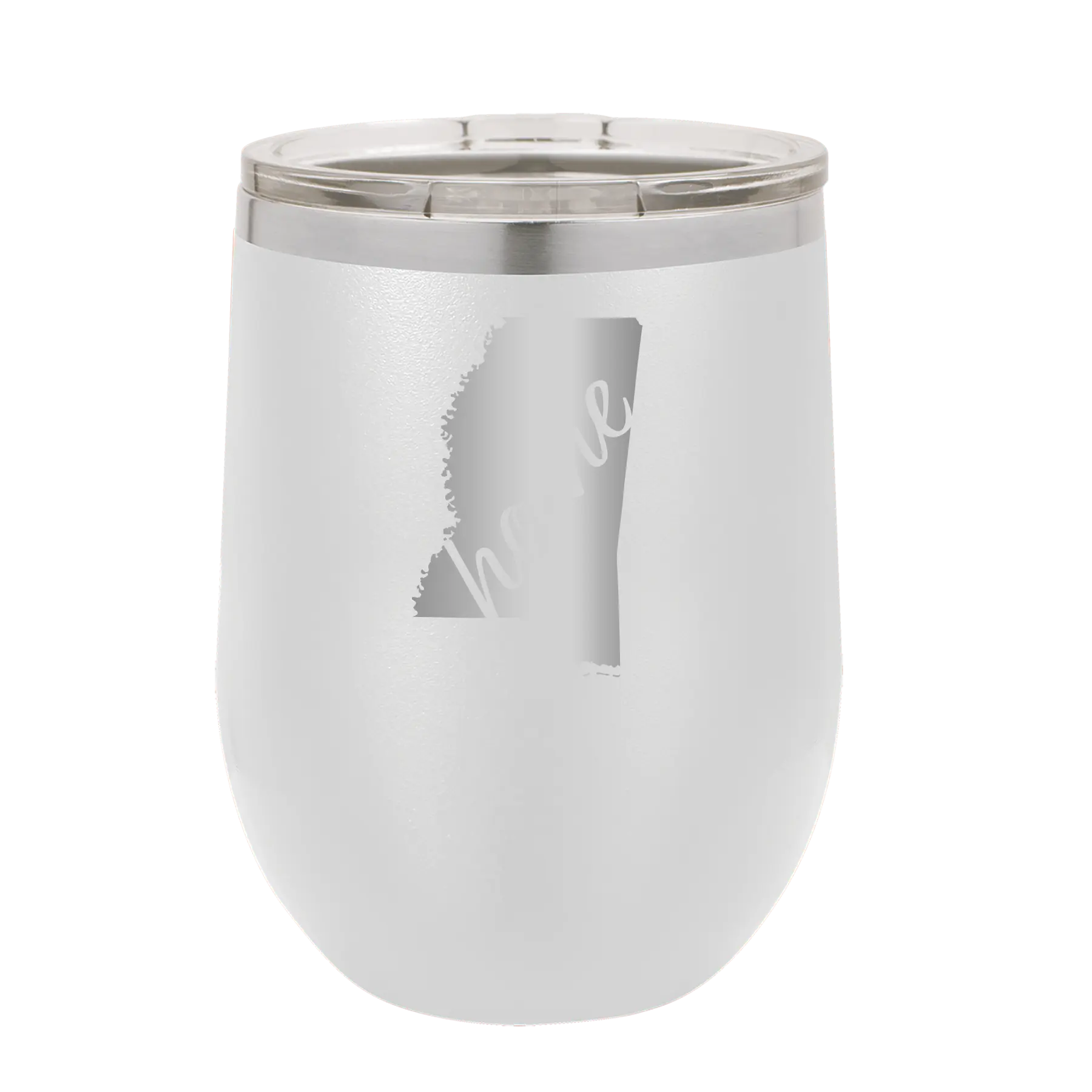 Laser etched white 12 oz vacuum insulated wine cup with 'Mississippi Home' design