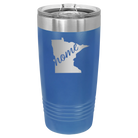 Laser etched royal blue 20 oz vacuum insulated tumbler with 'Minnesota Home' design