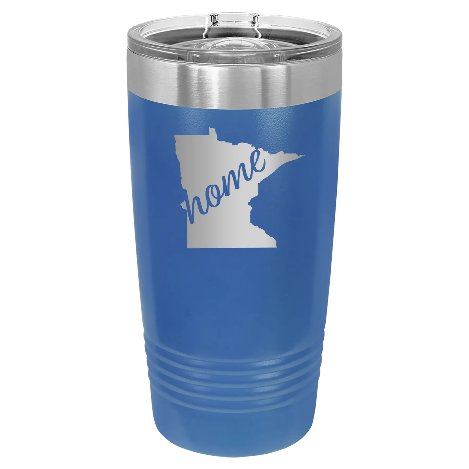 Laser etched royal blue 20 oz vacuum insulated tumbler with 'Minnesota Home' design