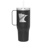 Laser etched black 40 oz vacuum insulated tumbler mug with 'Minnesota Home' design