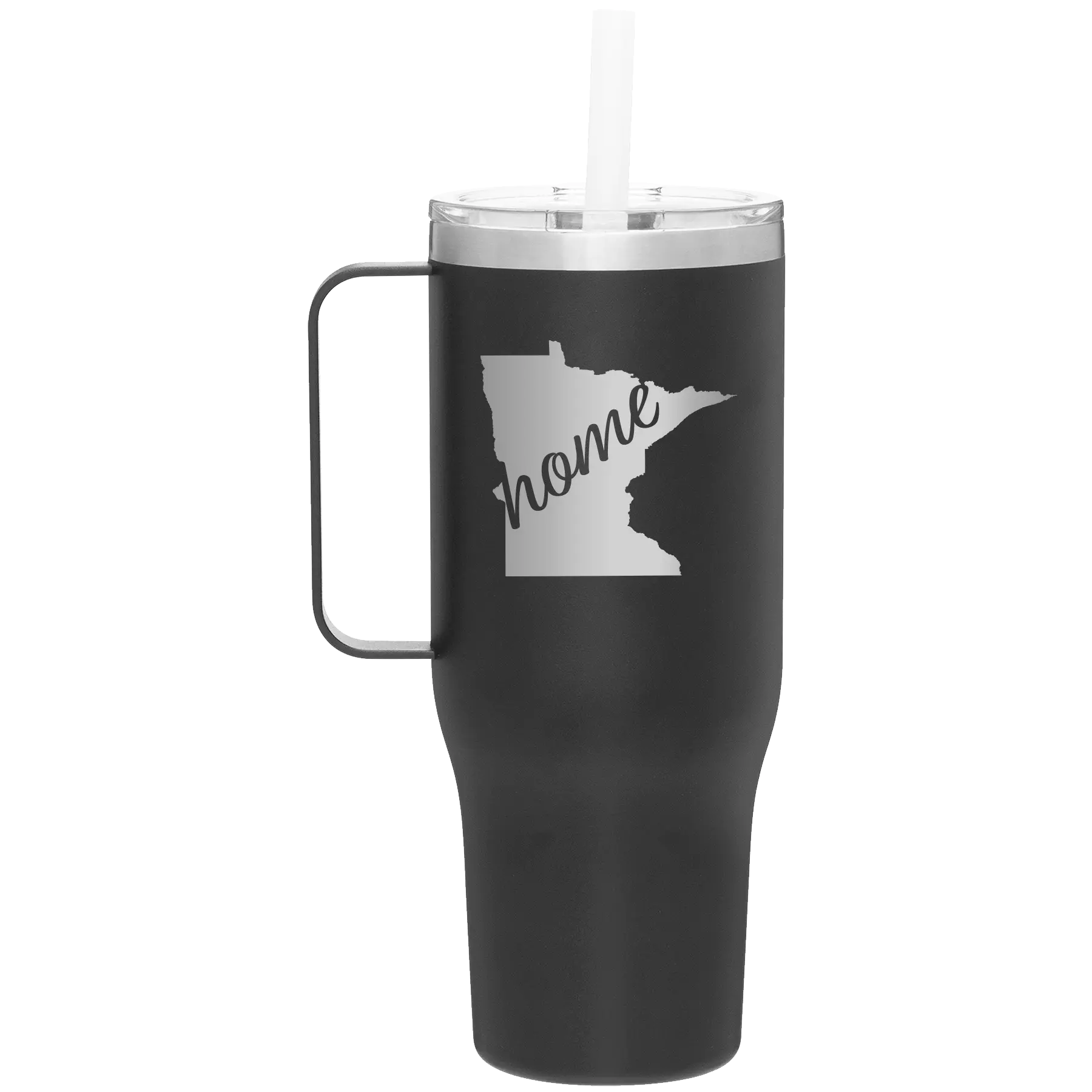 Laser etched black 40 oz vacuum insulated tumbler mug with 'Minnesota Home' design