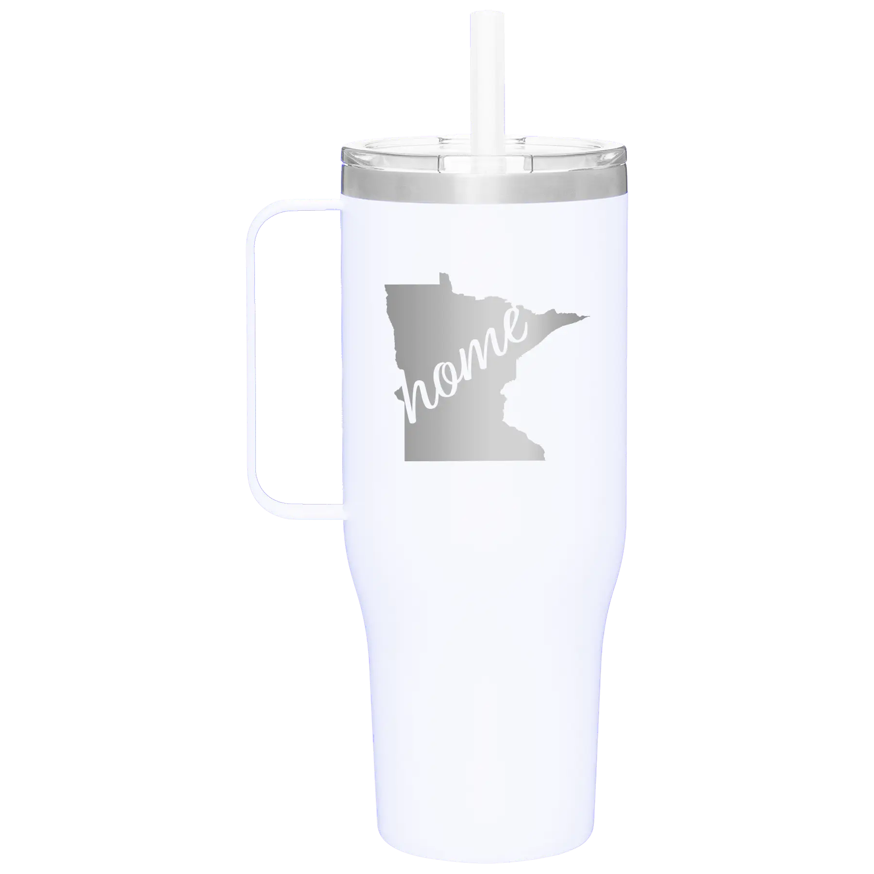 Laser etched white 40 oz vacuum insulated tumbler mug with 'Minnesota Home' design
