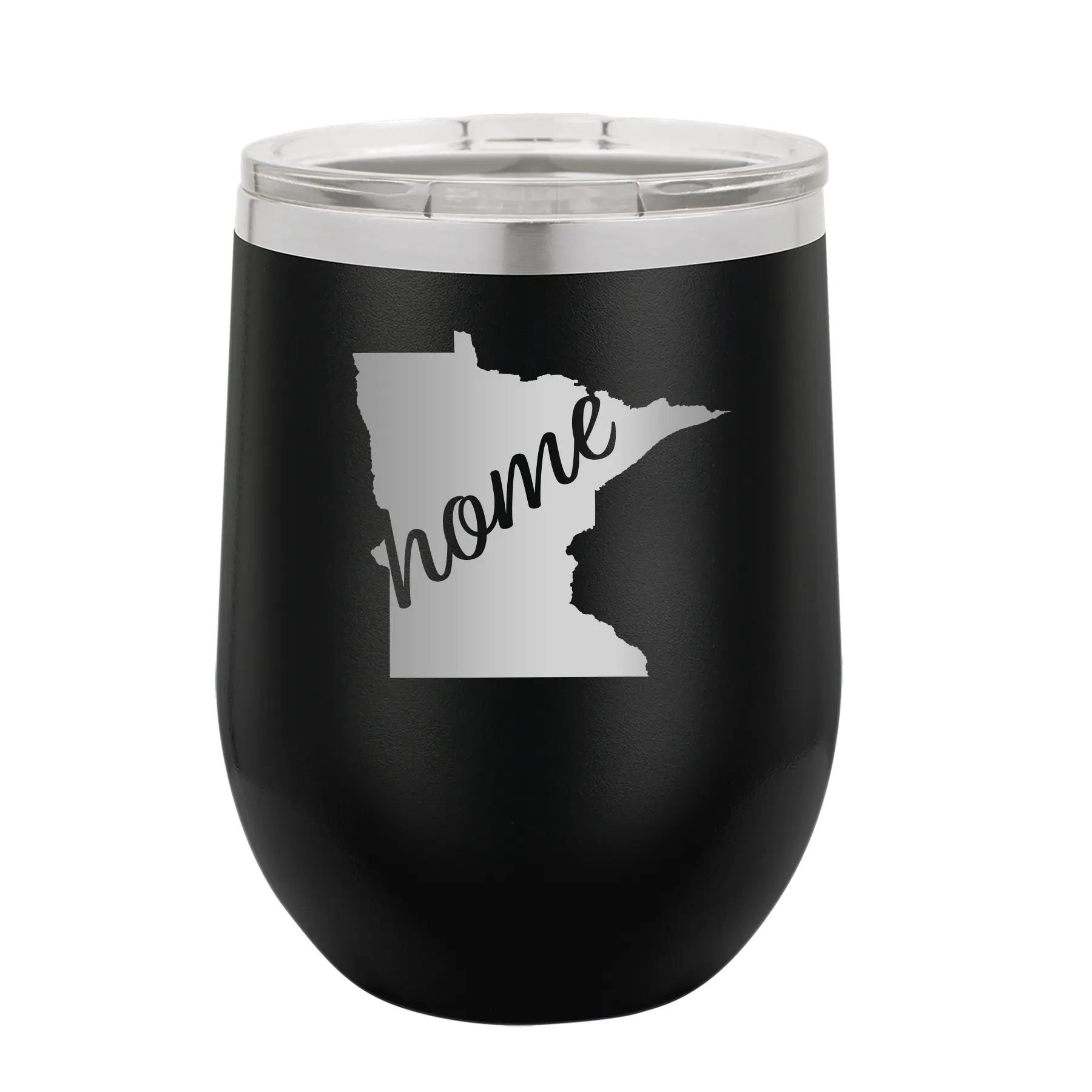 Laser etched black 12 oz vacuum insulated wine cup with 'Minnesota Home' design