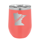 Laser etched coral 12 oz vacuum insulated wine cup with 'Minnesota Home' design