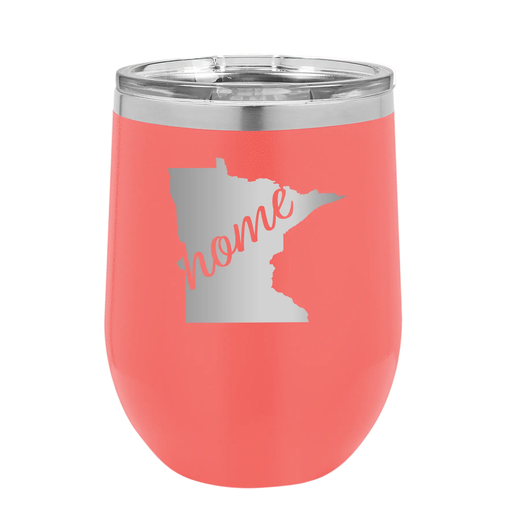 Laser etched coral 12 oz vacuum insulated wine cup with 'Minnesota Home' design