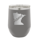 Laser etched dark gray 12 oz vacuum insulated wine cup with 'Minnesota Home' design