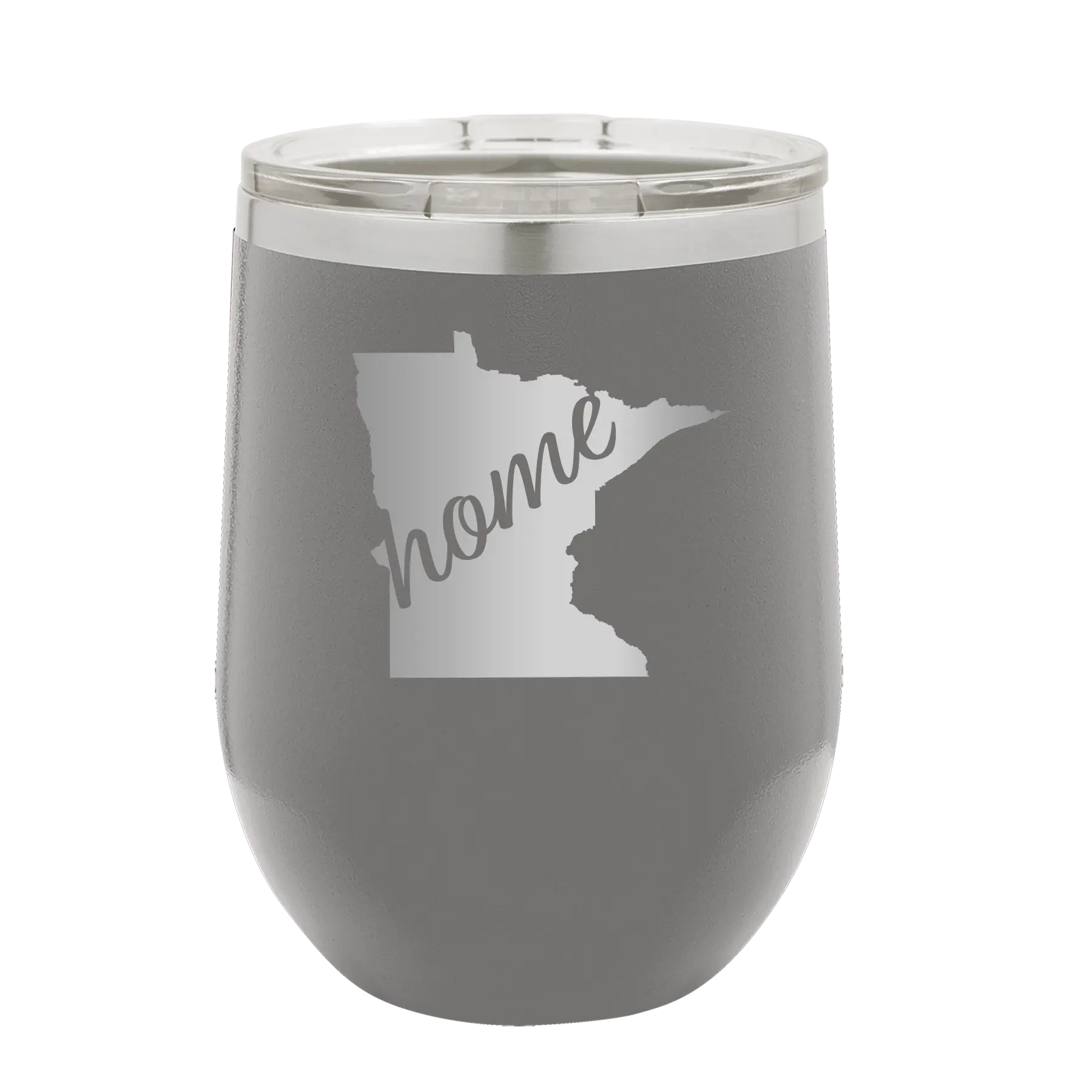 Laser etched dark gray 12 oz vacuum insulated wine cup with 'Minnesota Home' design
