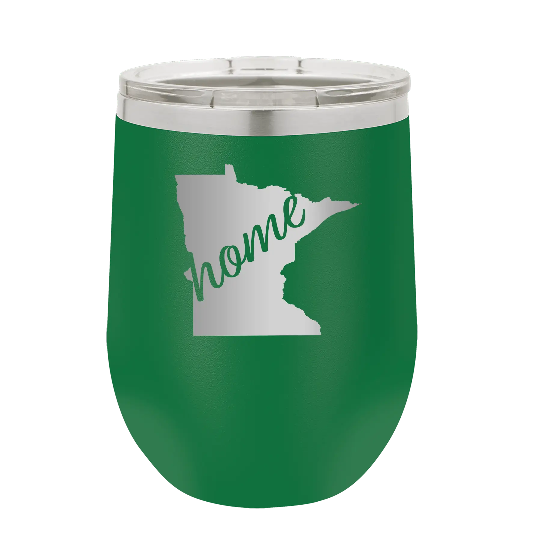 Laser etched green 12 oz vacuum insulated wine cup with 'Minnesota Home' design